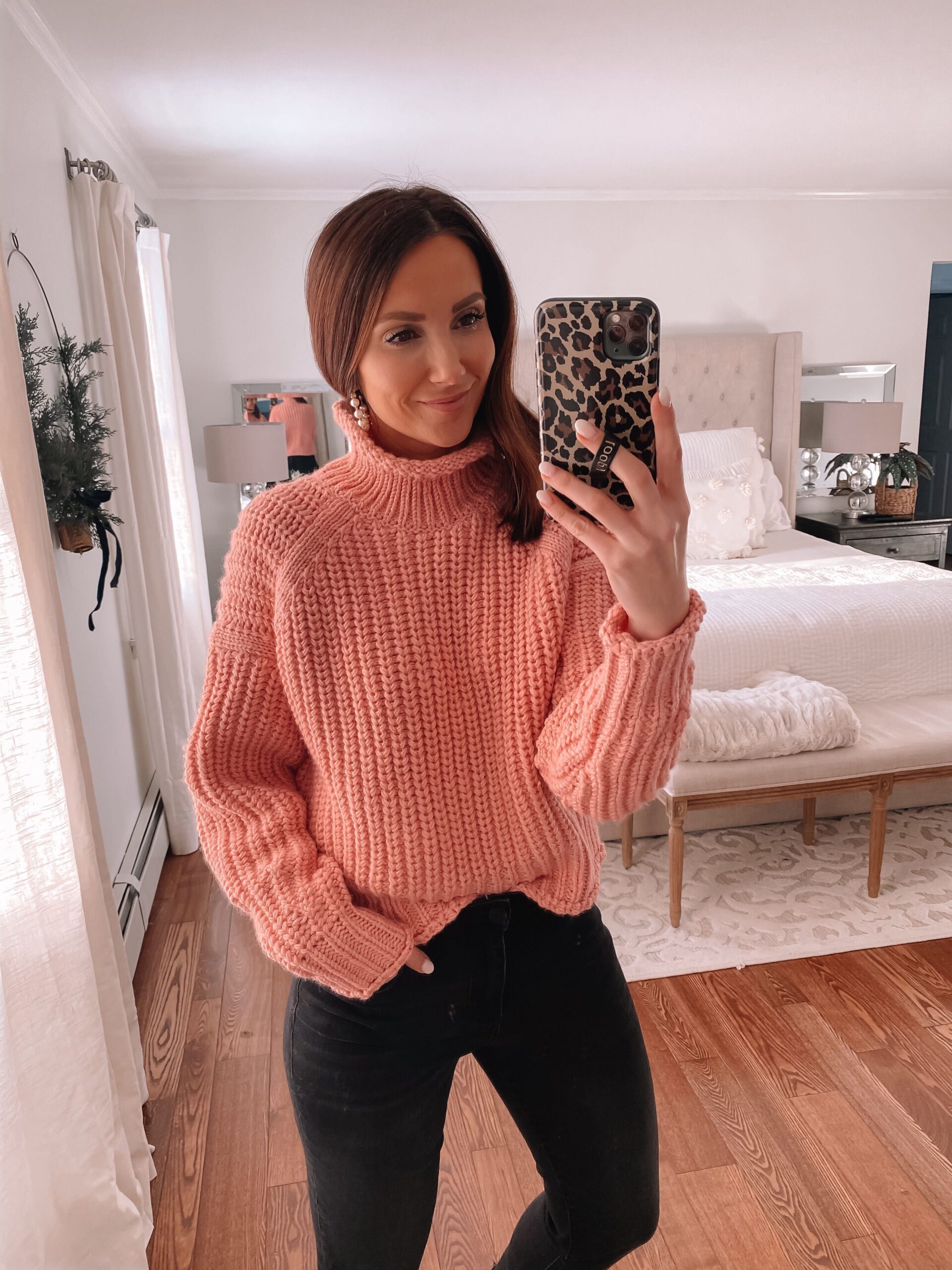 h&m pink sweater, sweater and jeans