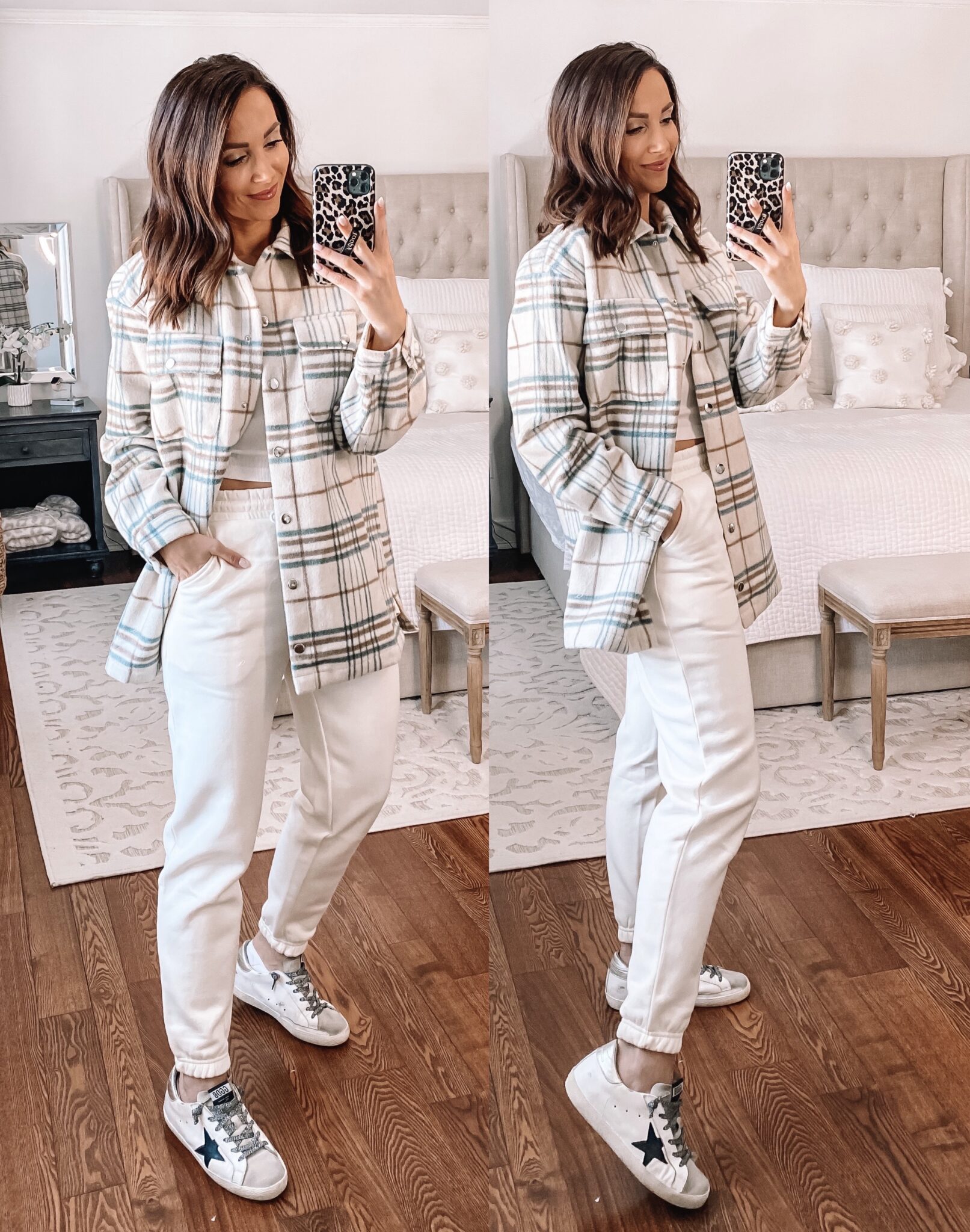 forever 21 shacket, cream joggers, athleisure style