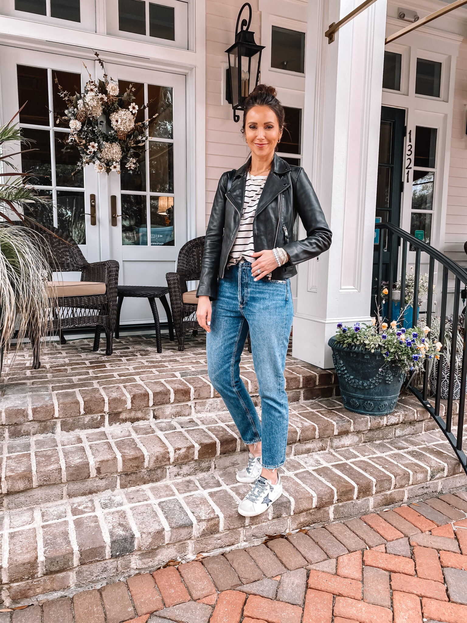 agolde jeans with faux leather jacket