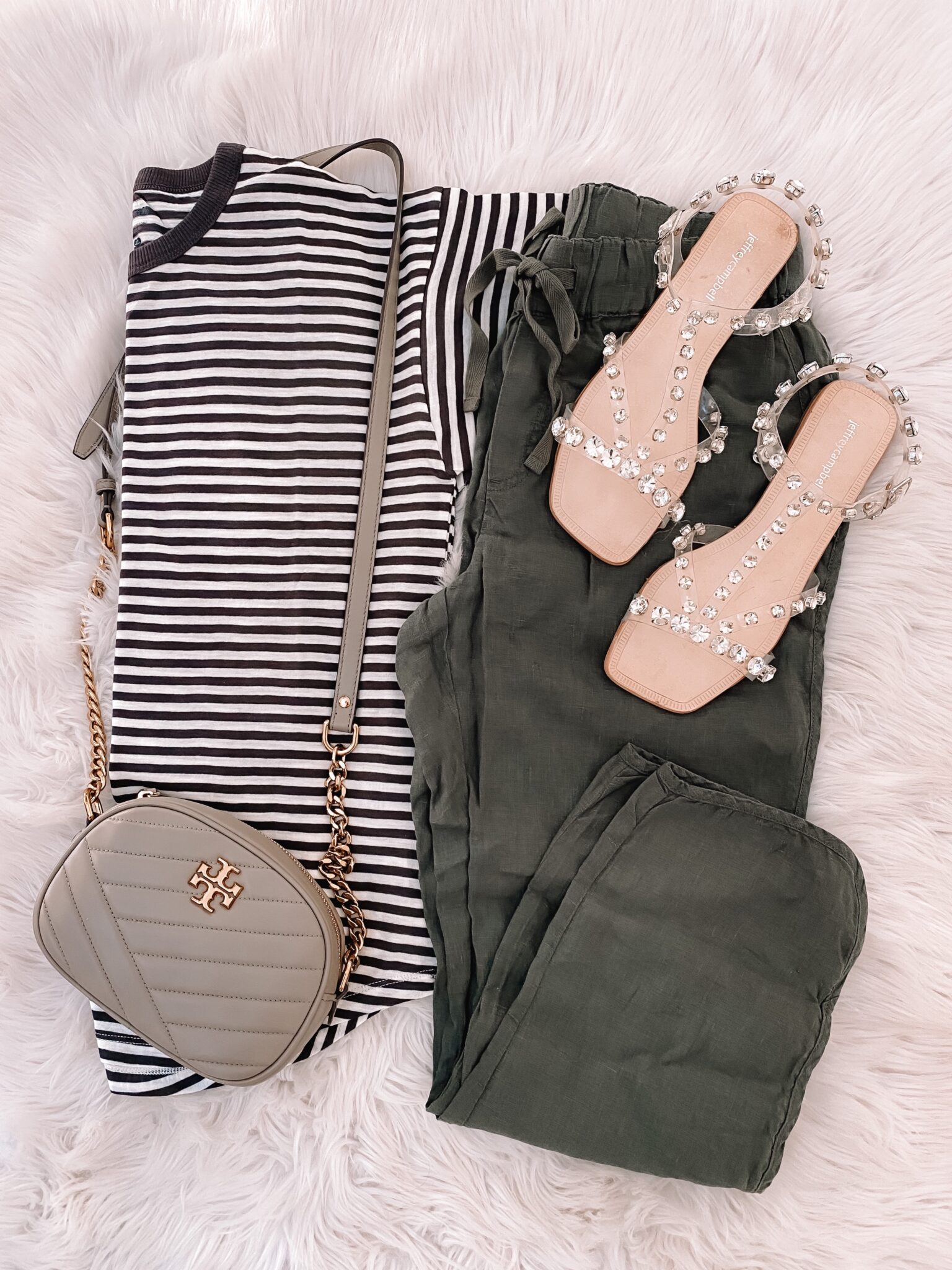 spring outfit with green linen pants, weekend style