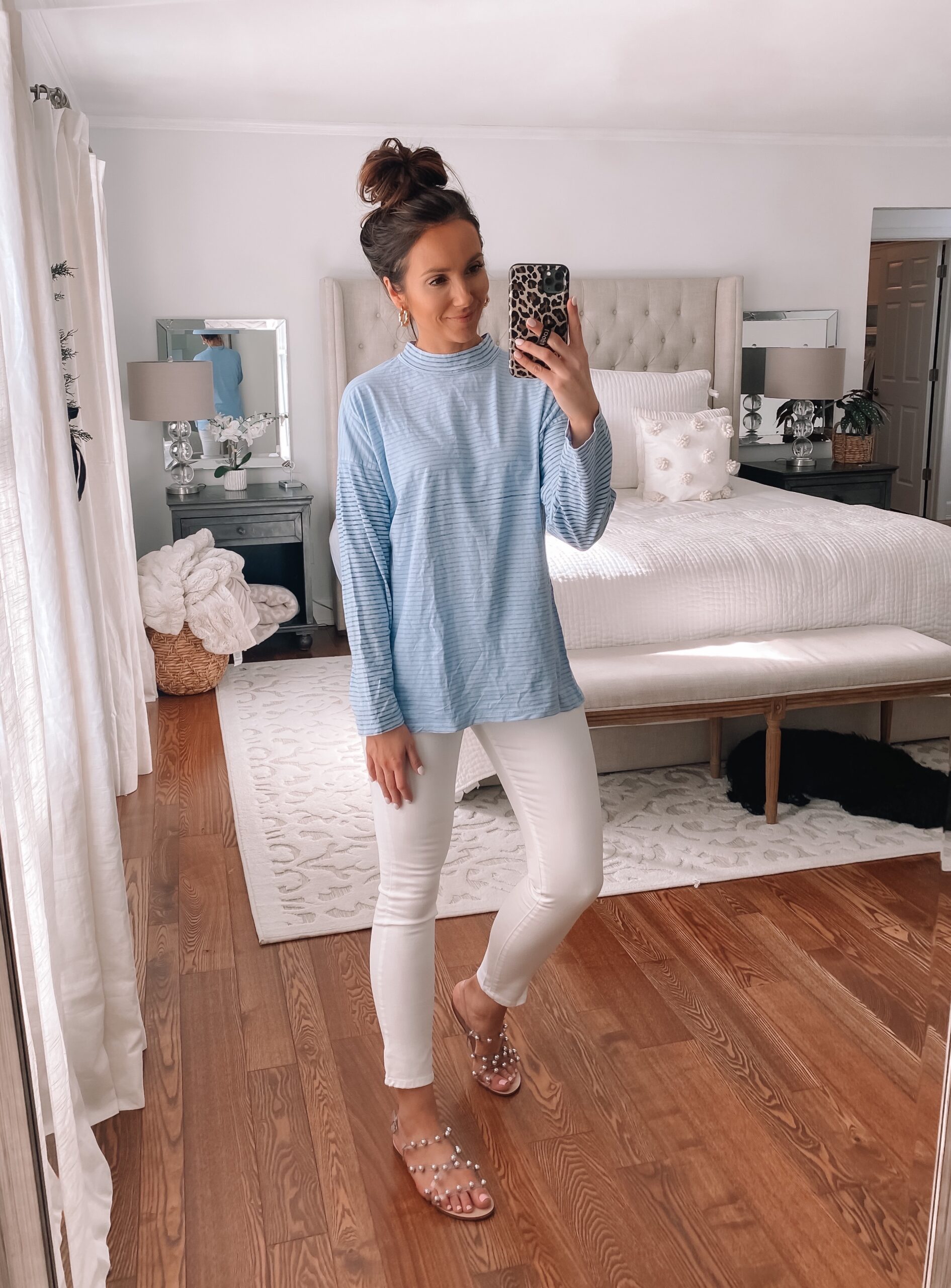 blue tee with white jeans