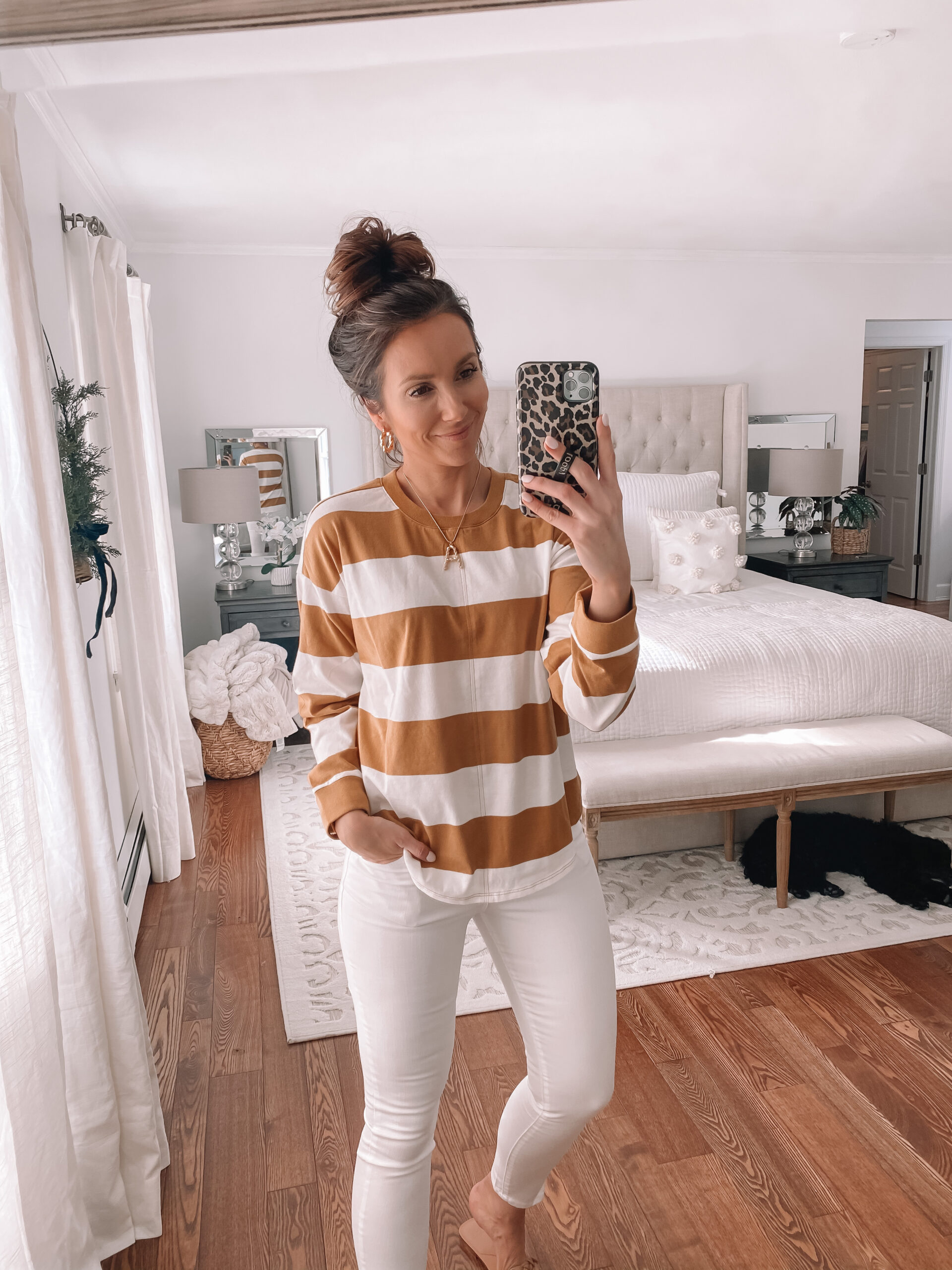 stripe long tee with white jeans, spring outfit