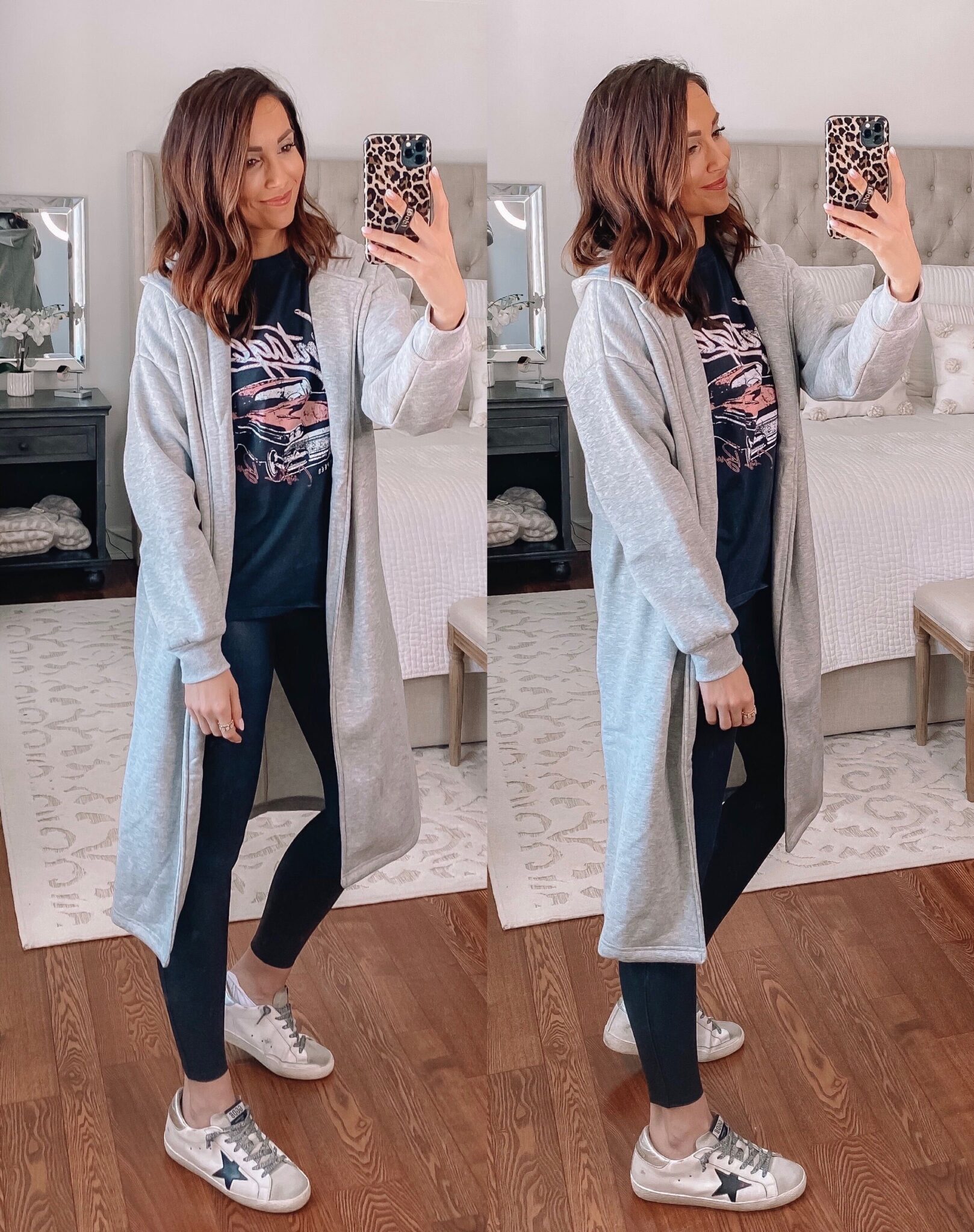 forever 21 duster with faux leather leggings