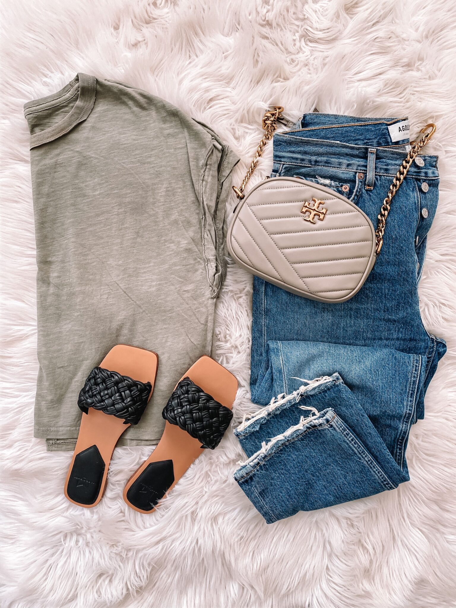 agolde jeans, sandals, tee, tory burch bag