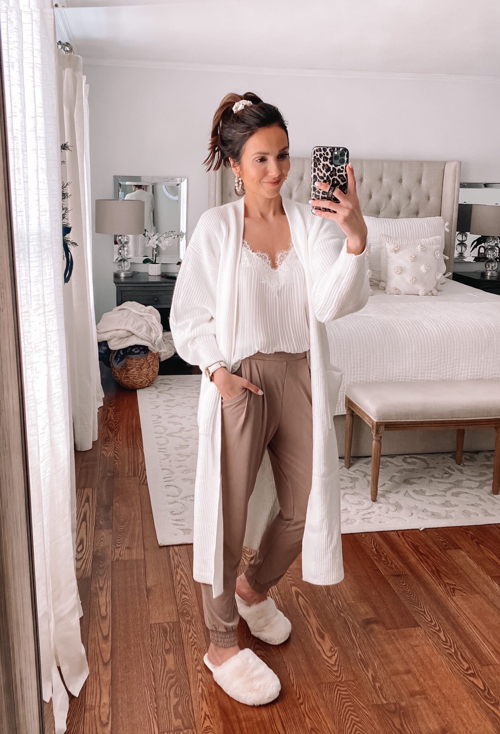 express loungewear, white cardigan, white slippers