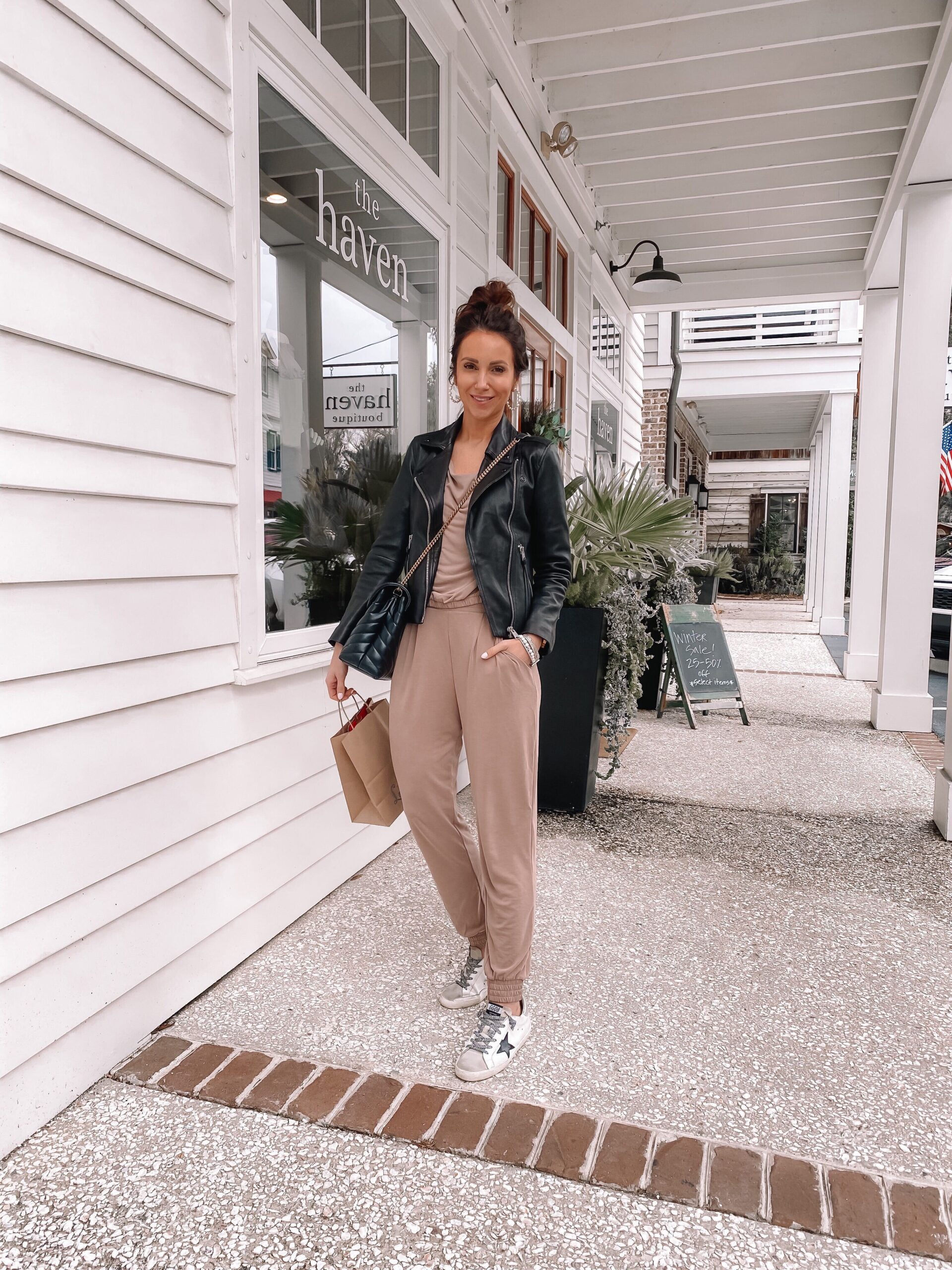 express loungewear with faux leather jacket