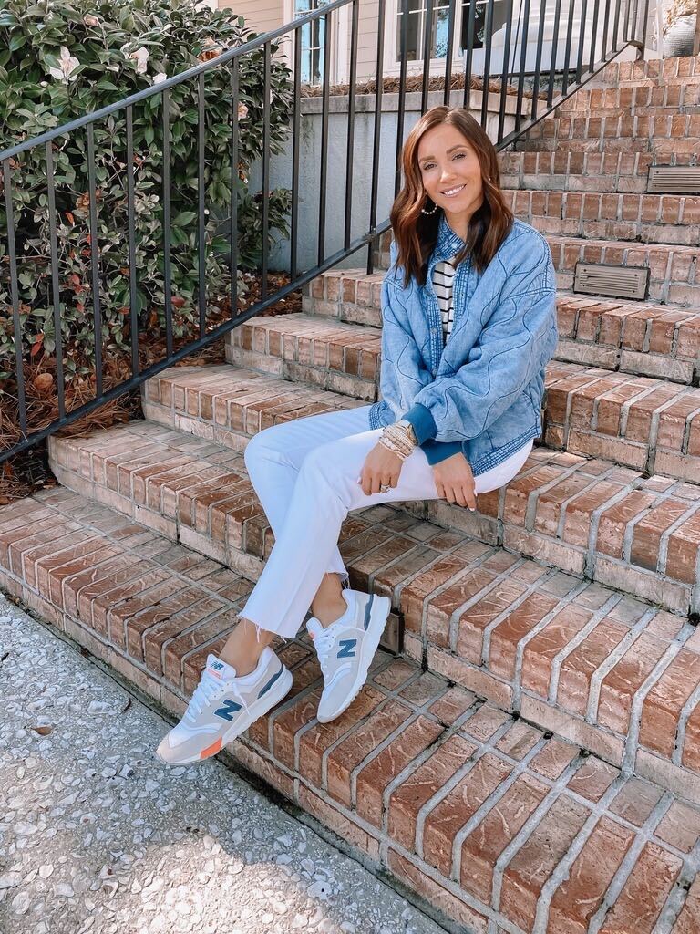 quilted jacket and white denim jeans