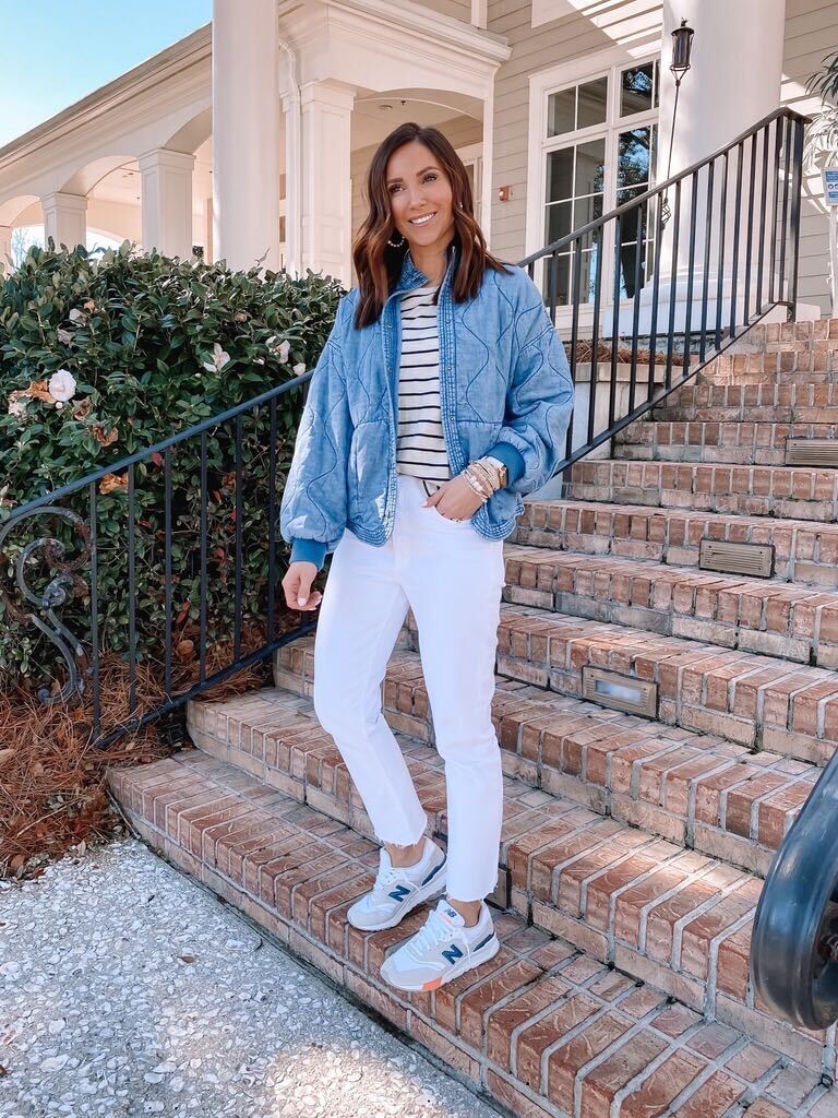 quilted jacket and white denim jeans