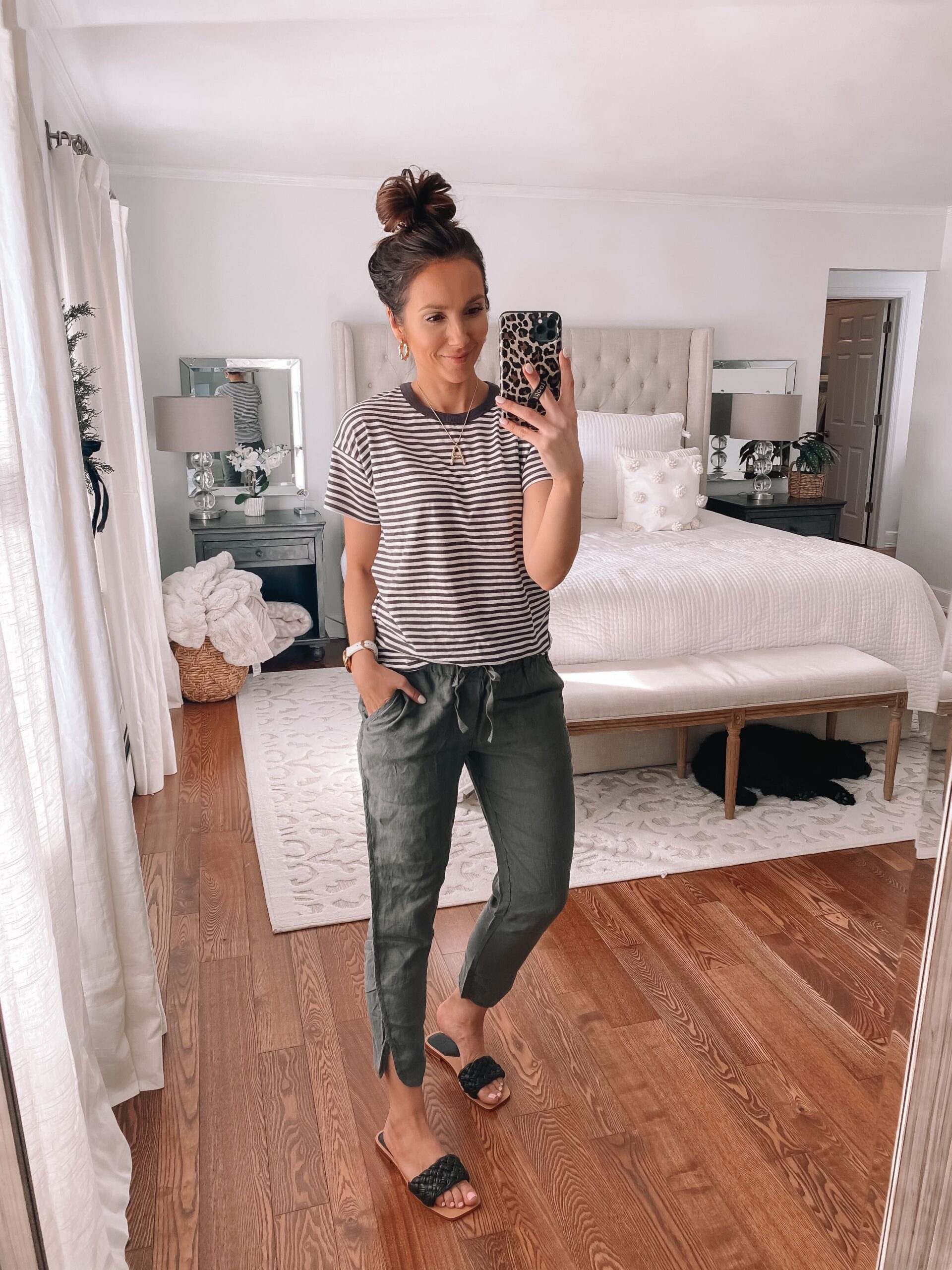 stripe tshirt and green linen pants