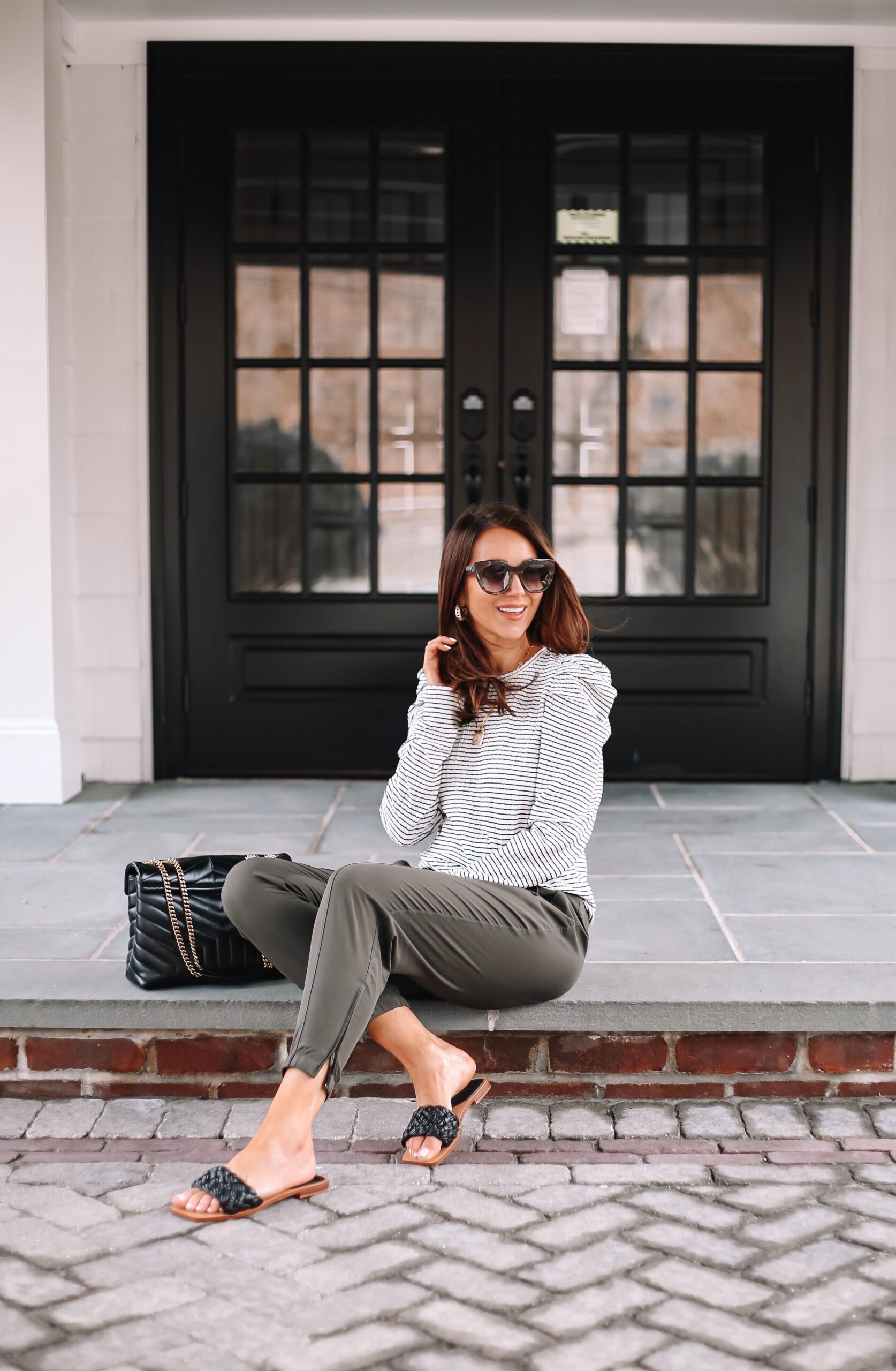 marc fisher sandals, stripe top, joggers