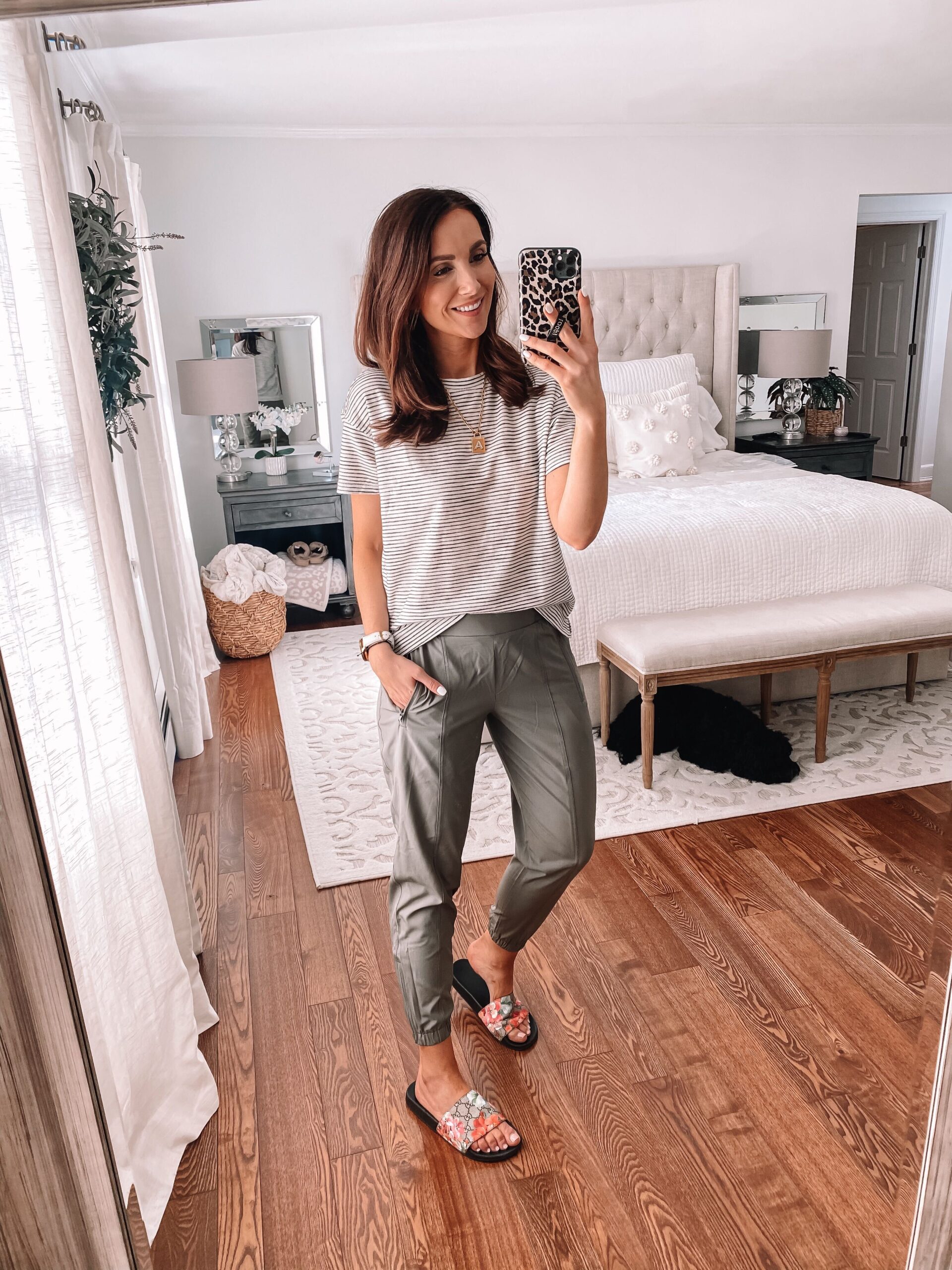 old navy joggers with stripe tee