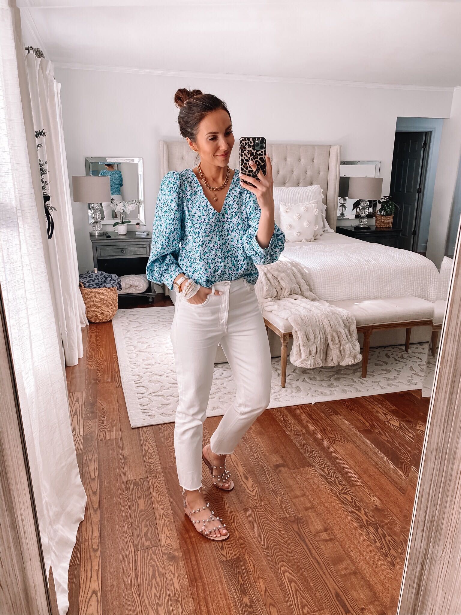 target floral blouse, spring outfit, outfit with white jeans