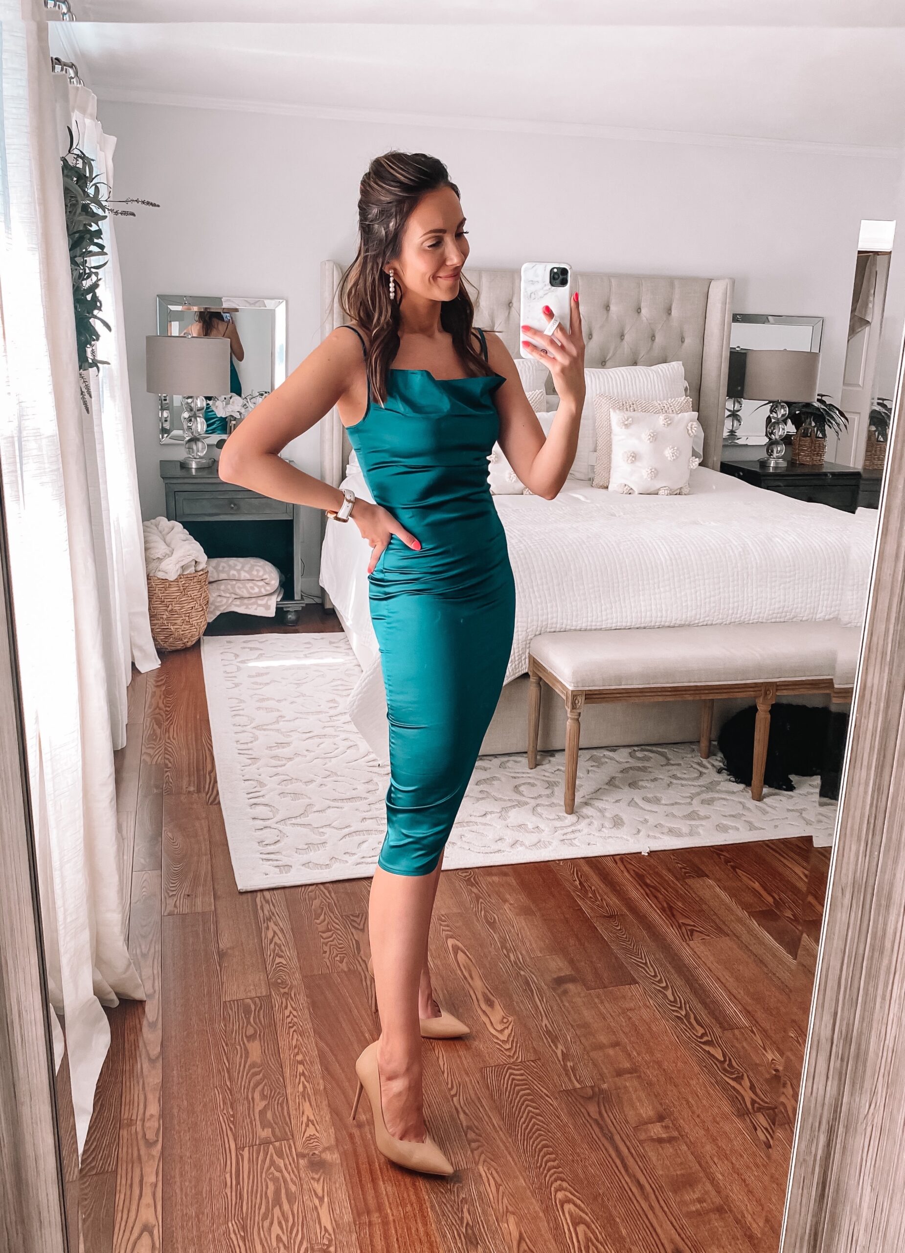 emerald green wedding guest dress