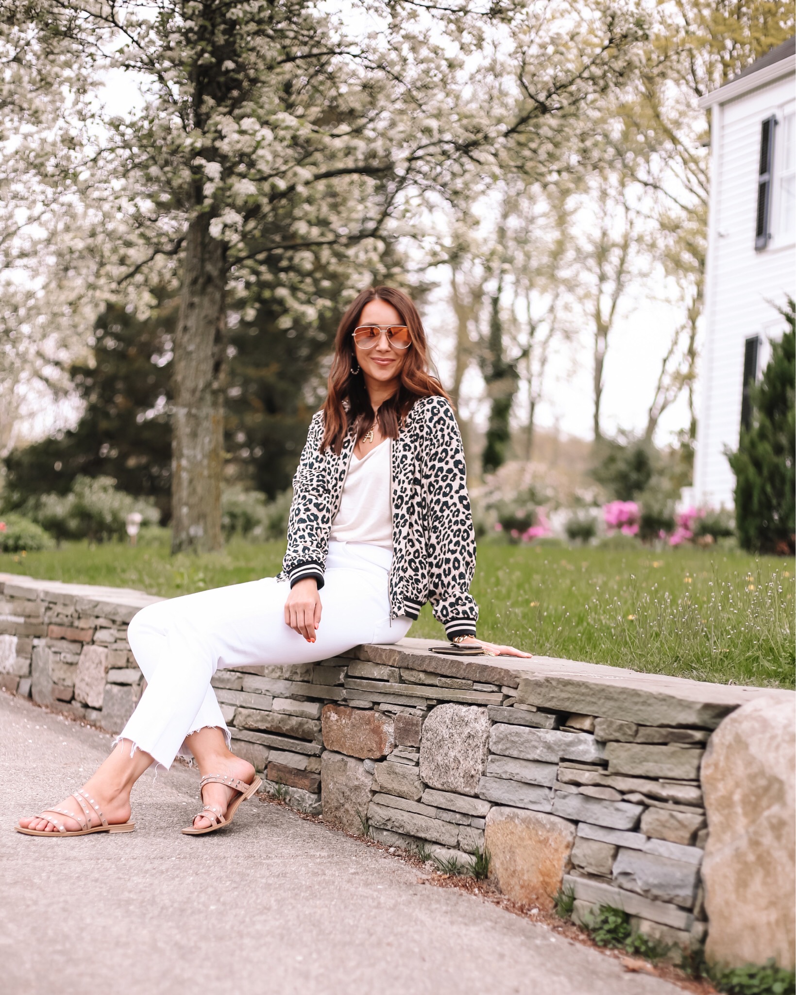 leopard bomber with white jeans