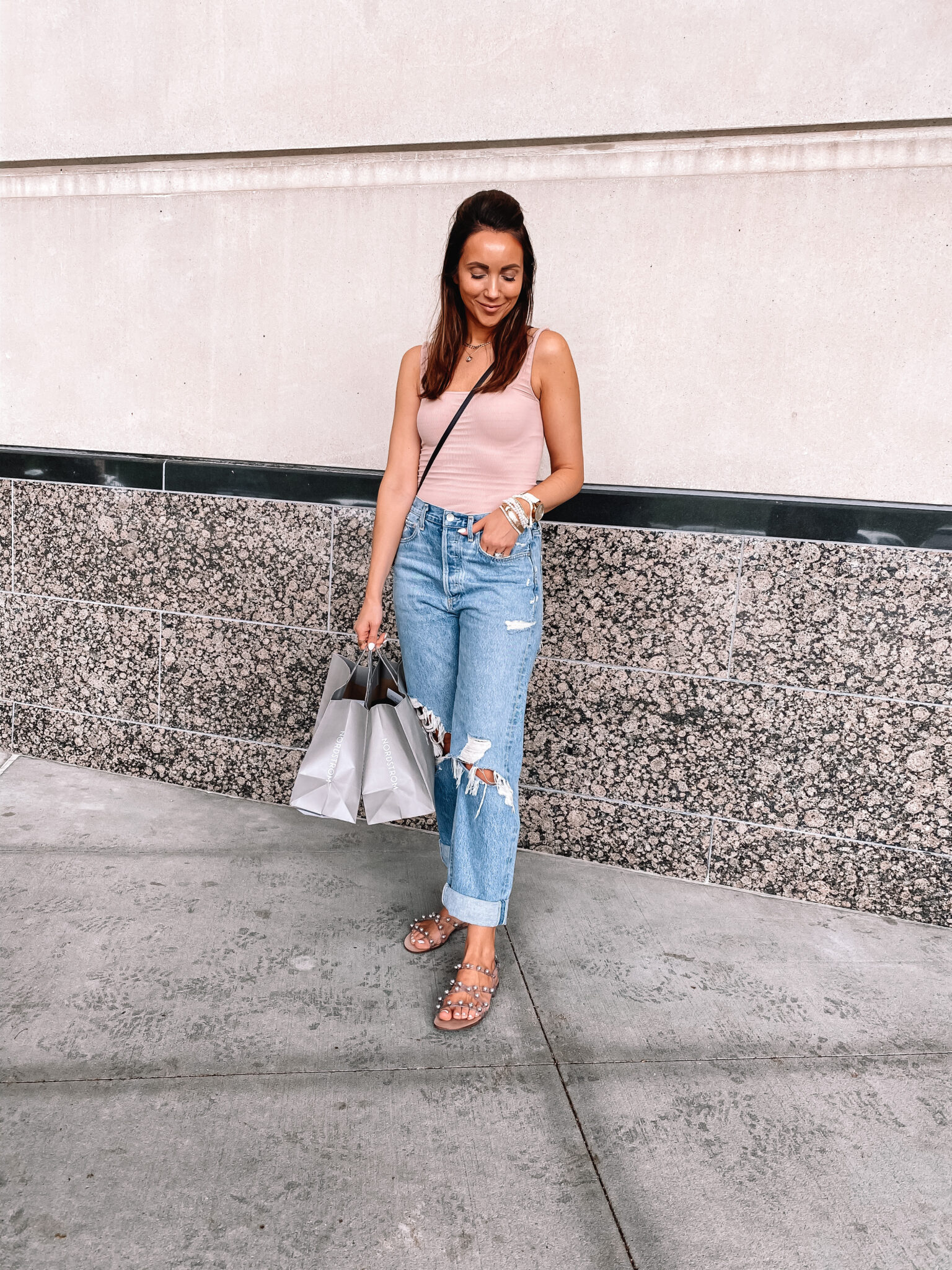 spring outfit, agolde jeans, schutz sandals