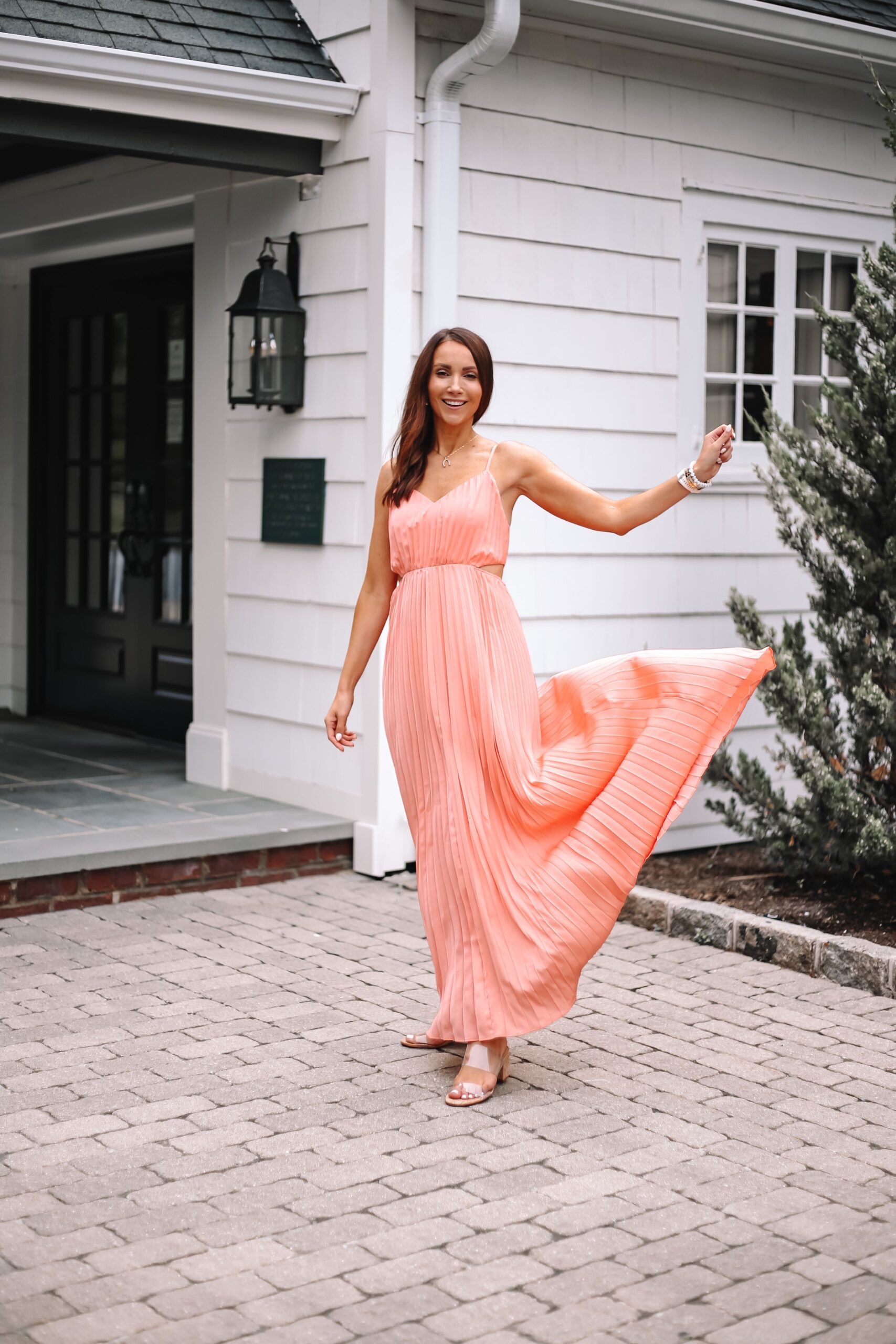 coral wedding guest dress