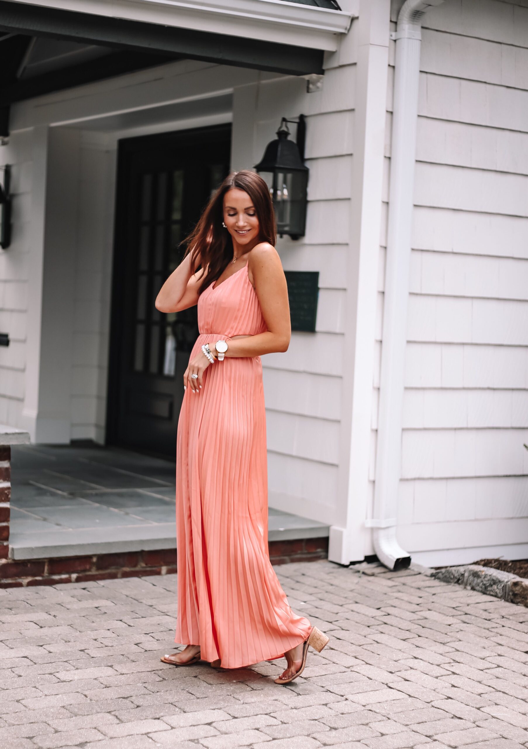 coral wedding guest dress