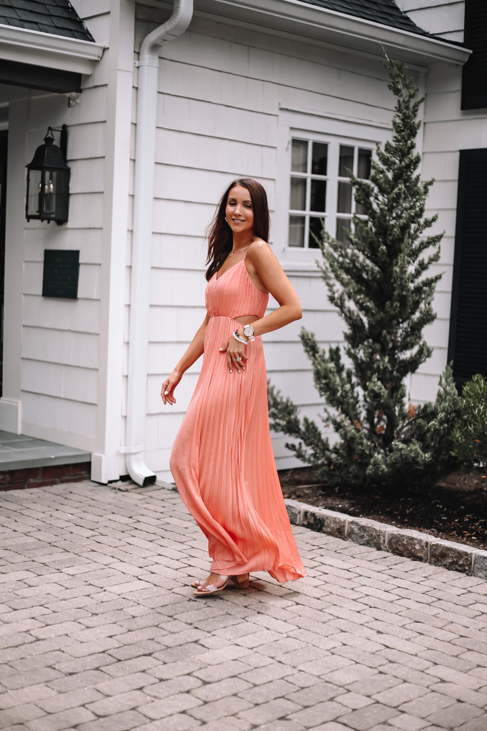 coral express wedding guest dress