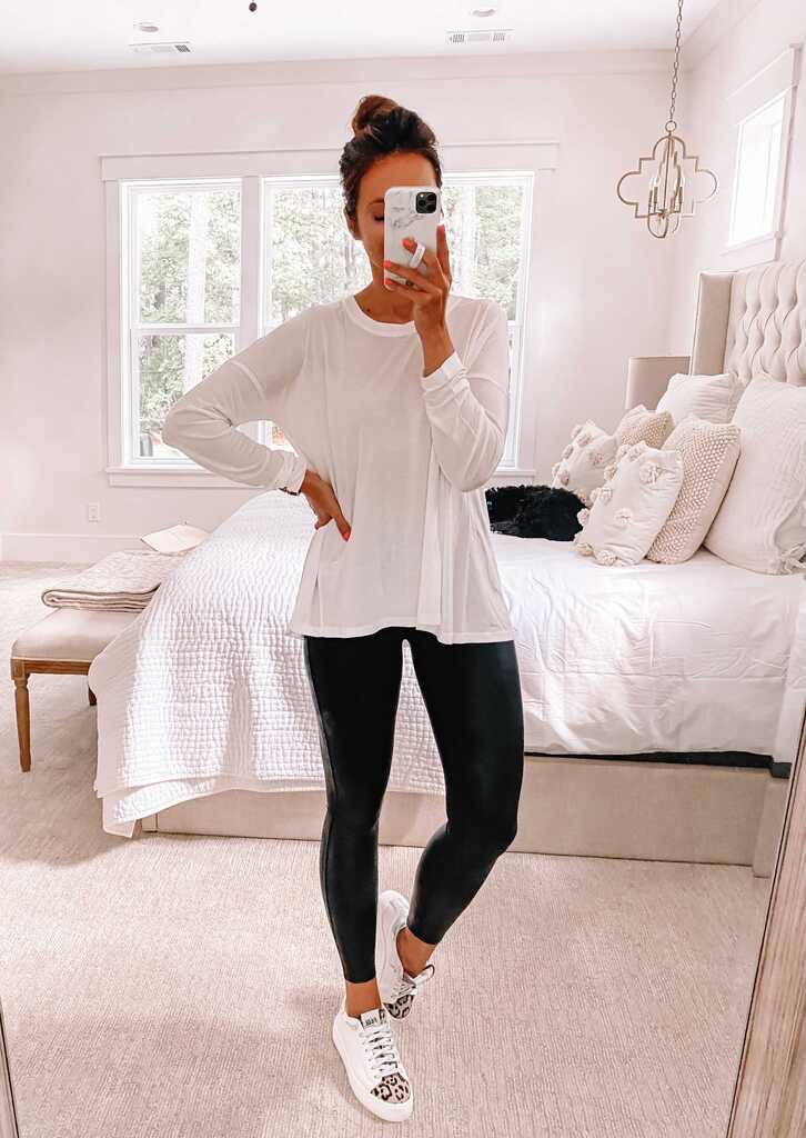 nsale, sweaty betty top and faux leather leggings