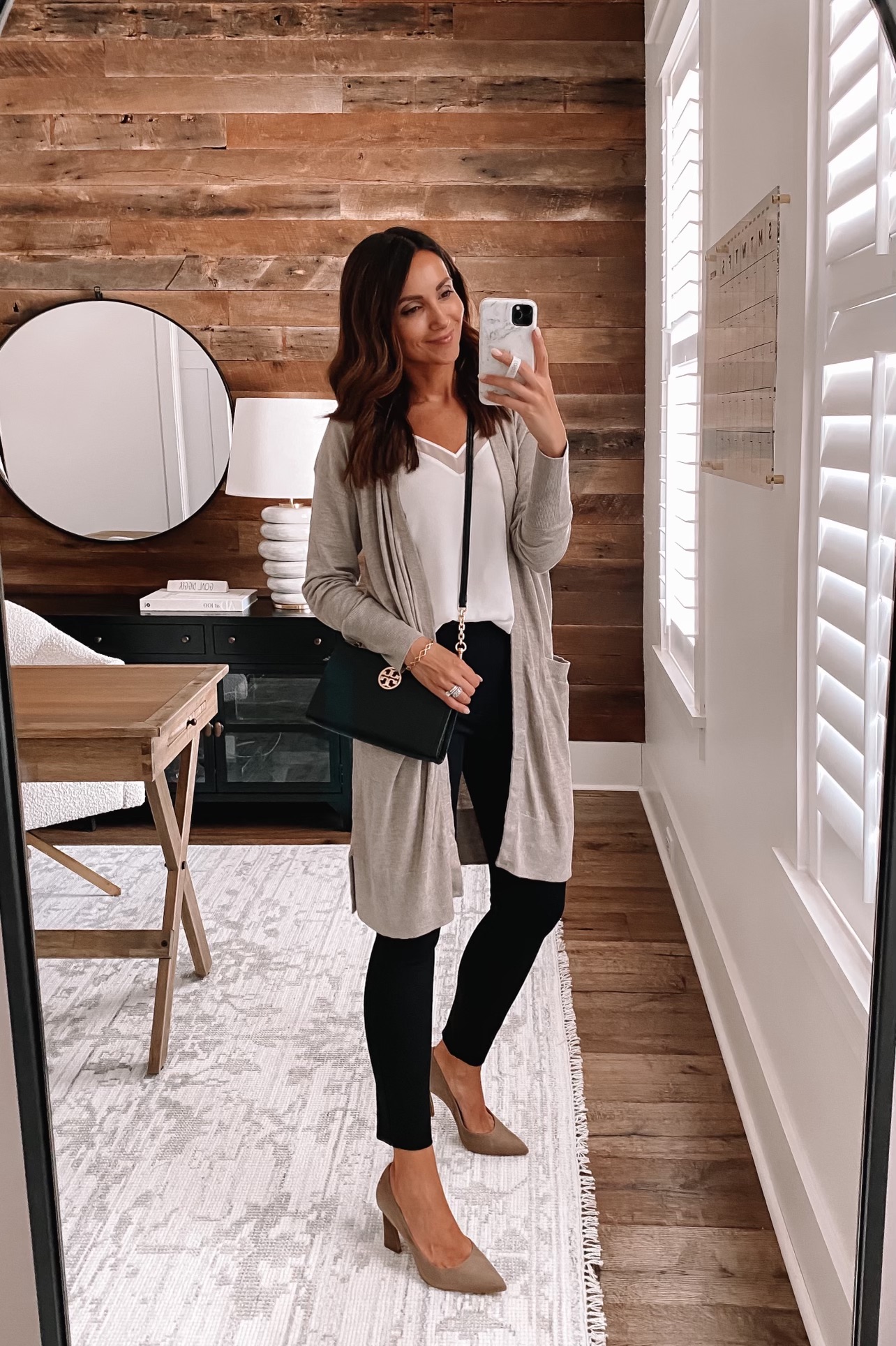 workwear outfit, outfit with black pants, outfit with cardigan, fall workwear