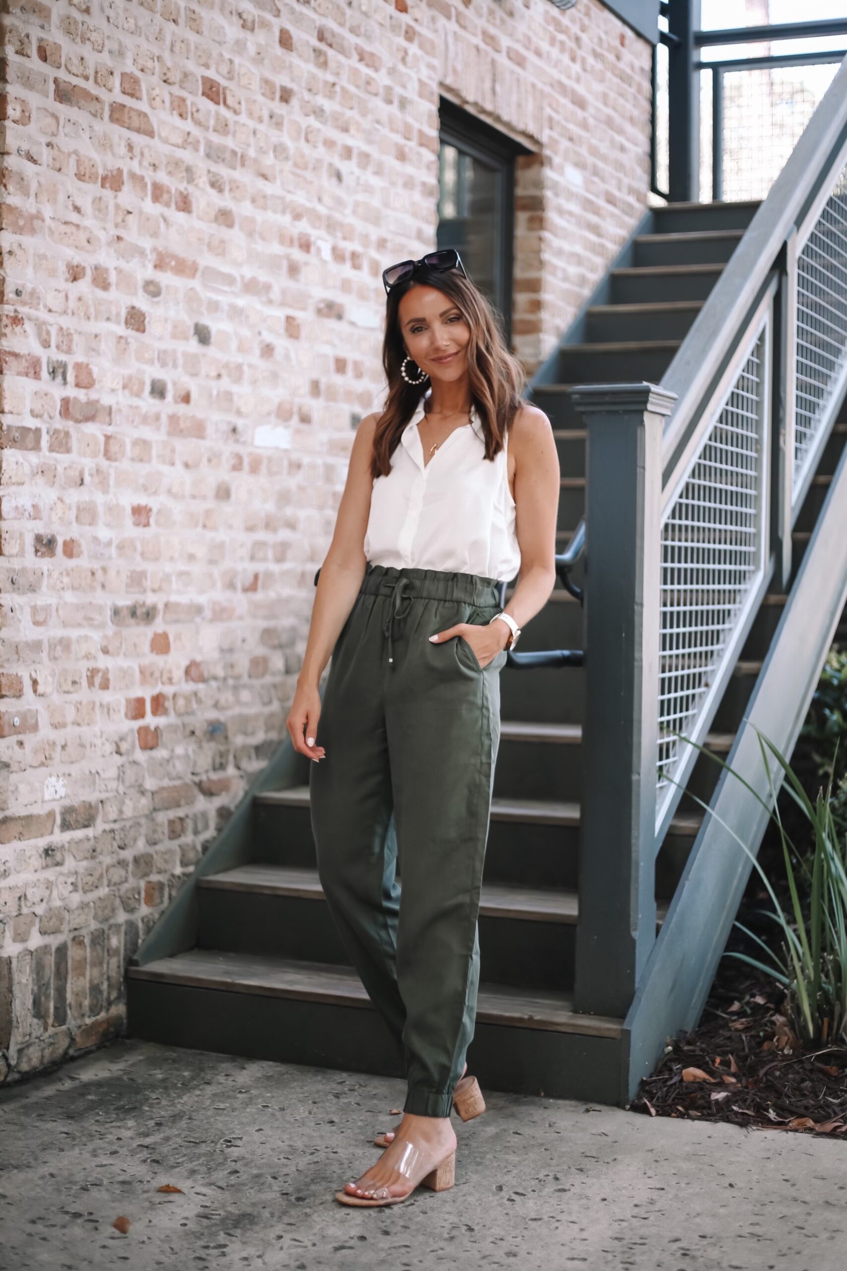 green joggers, workwear style, weekend style