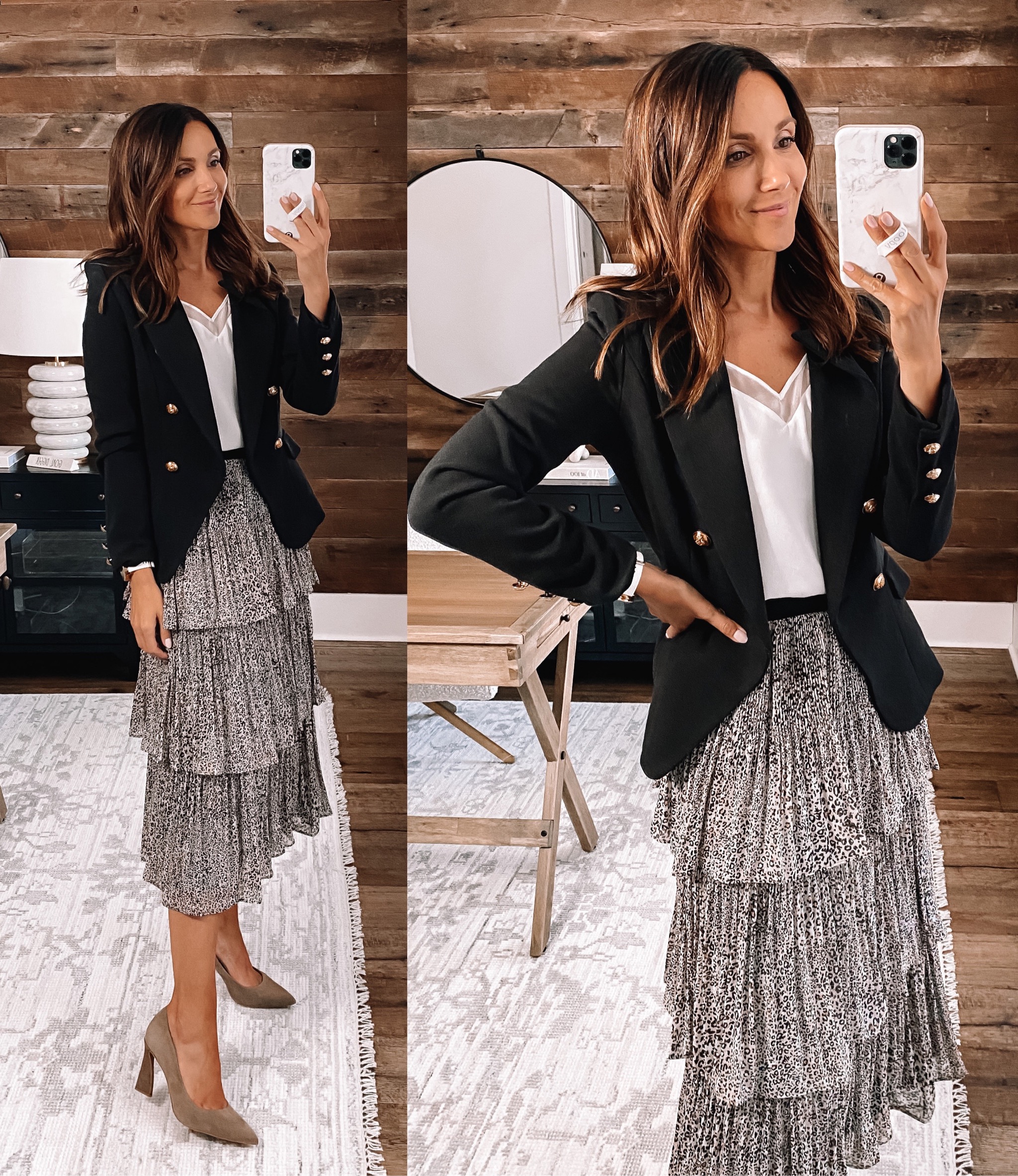 workwear outfit with skirt, fall workwear style