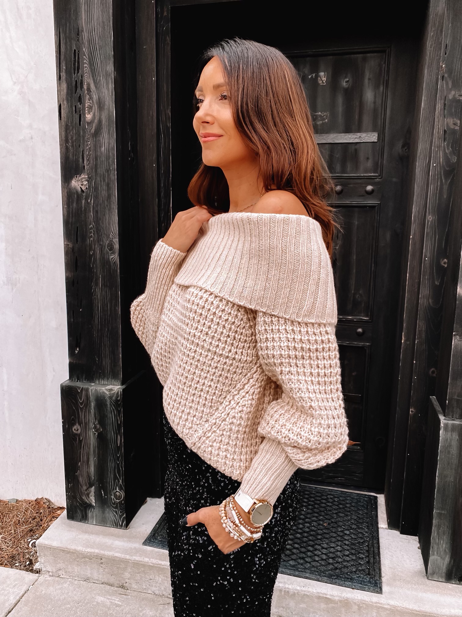 express off shoulder sweater, cozy glame