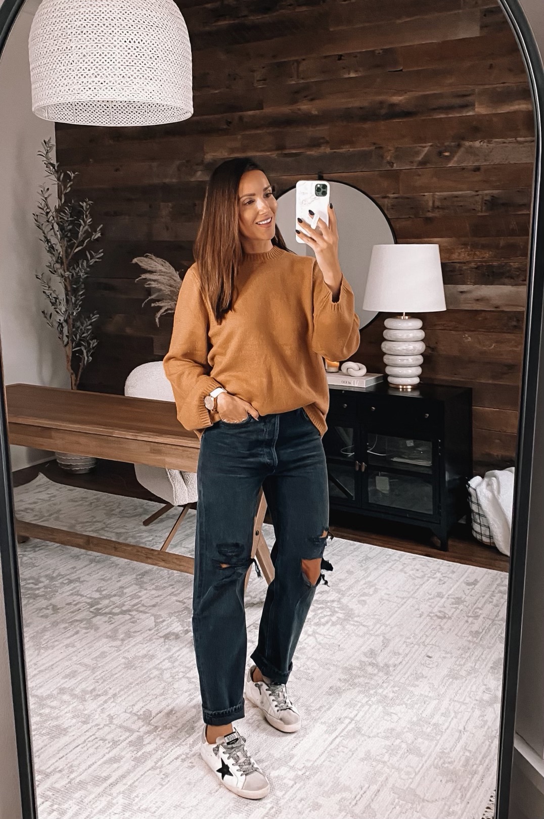 agolde denim jeans, brown sweater, fall style