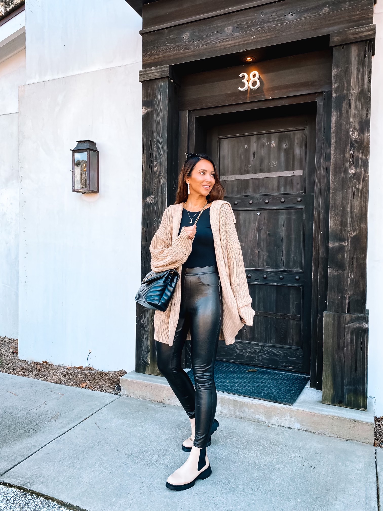 fall outfit, free people sweater, spanx faux leather pants