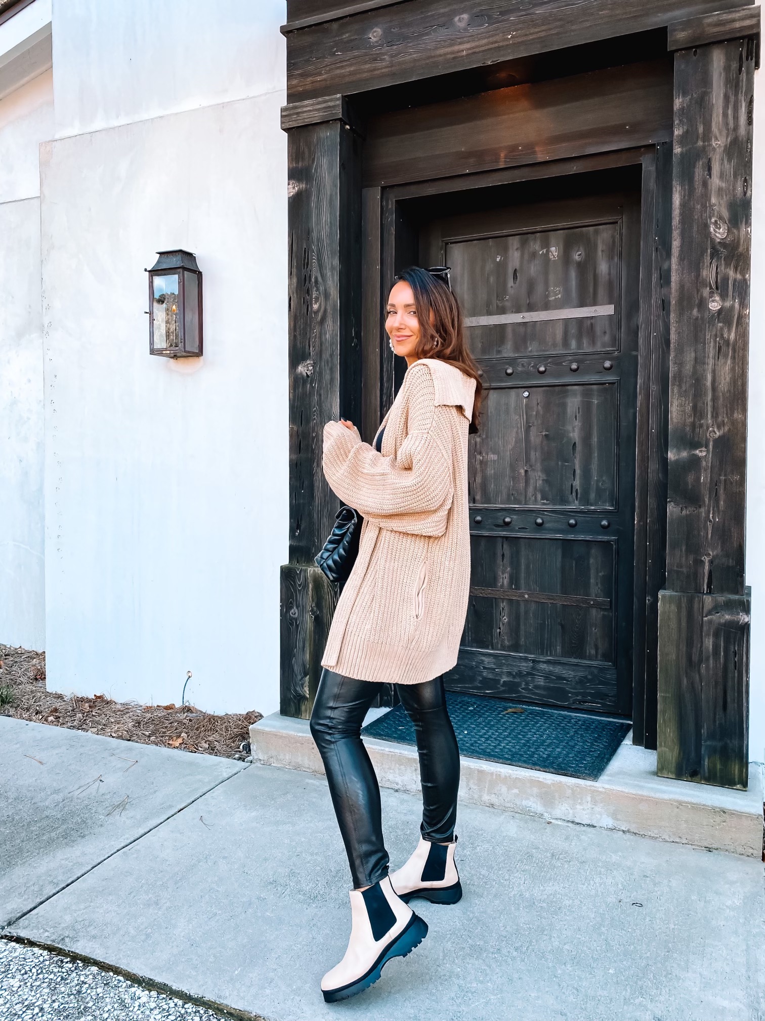 fall outfit, free people sweater, spanx faux leather pants