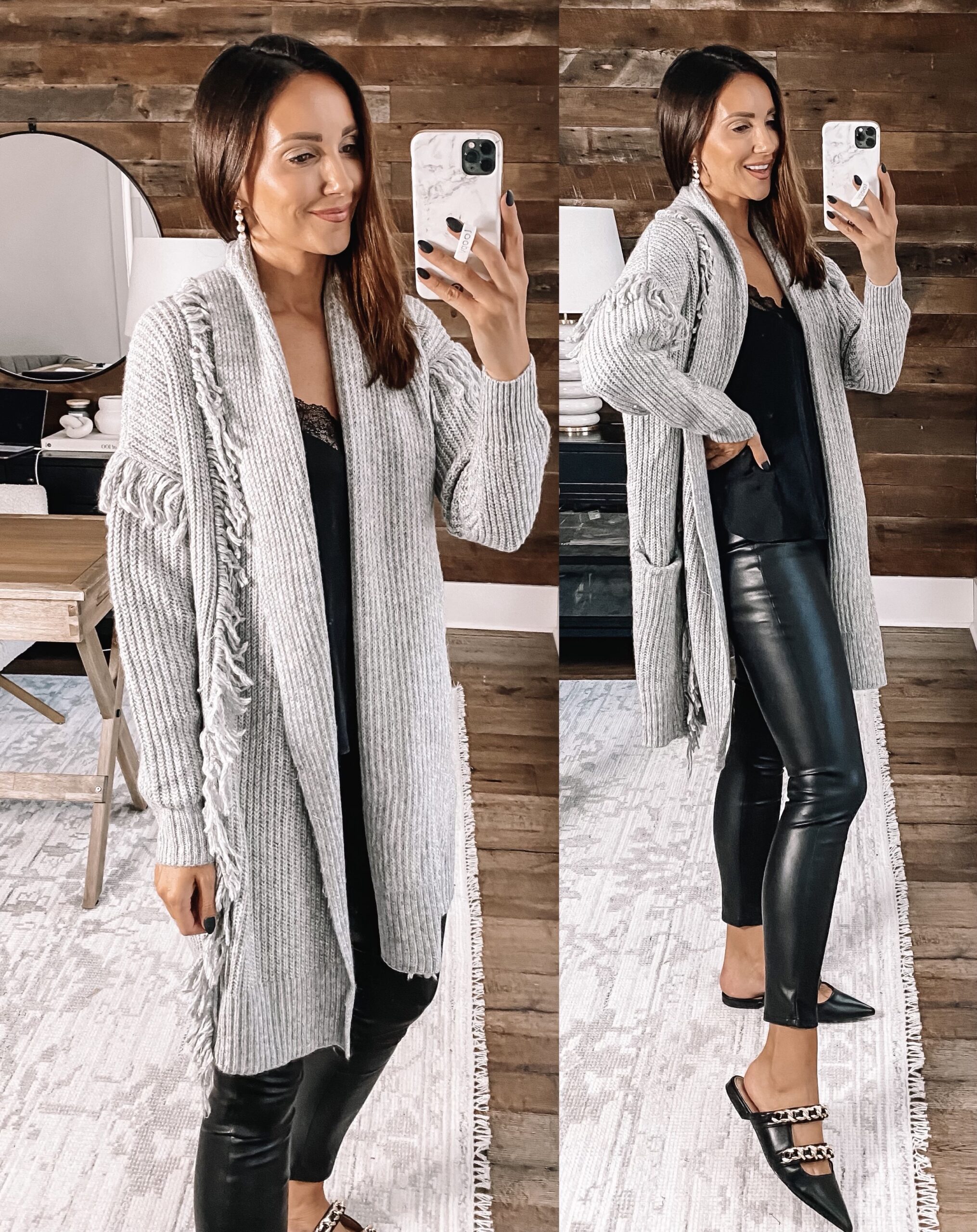 walmart fall fashion, fringe sweater, faux leather pants