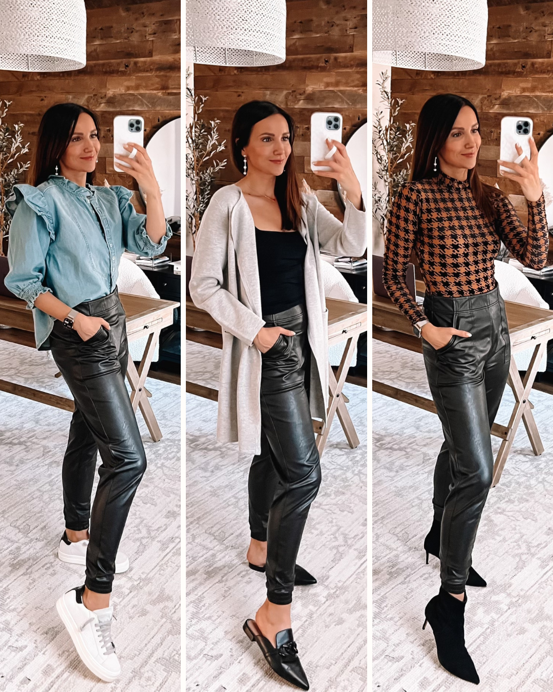 three outfits with faux leather joggers