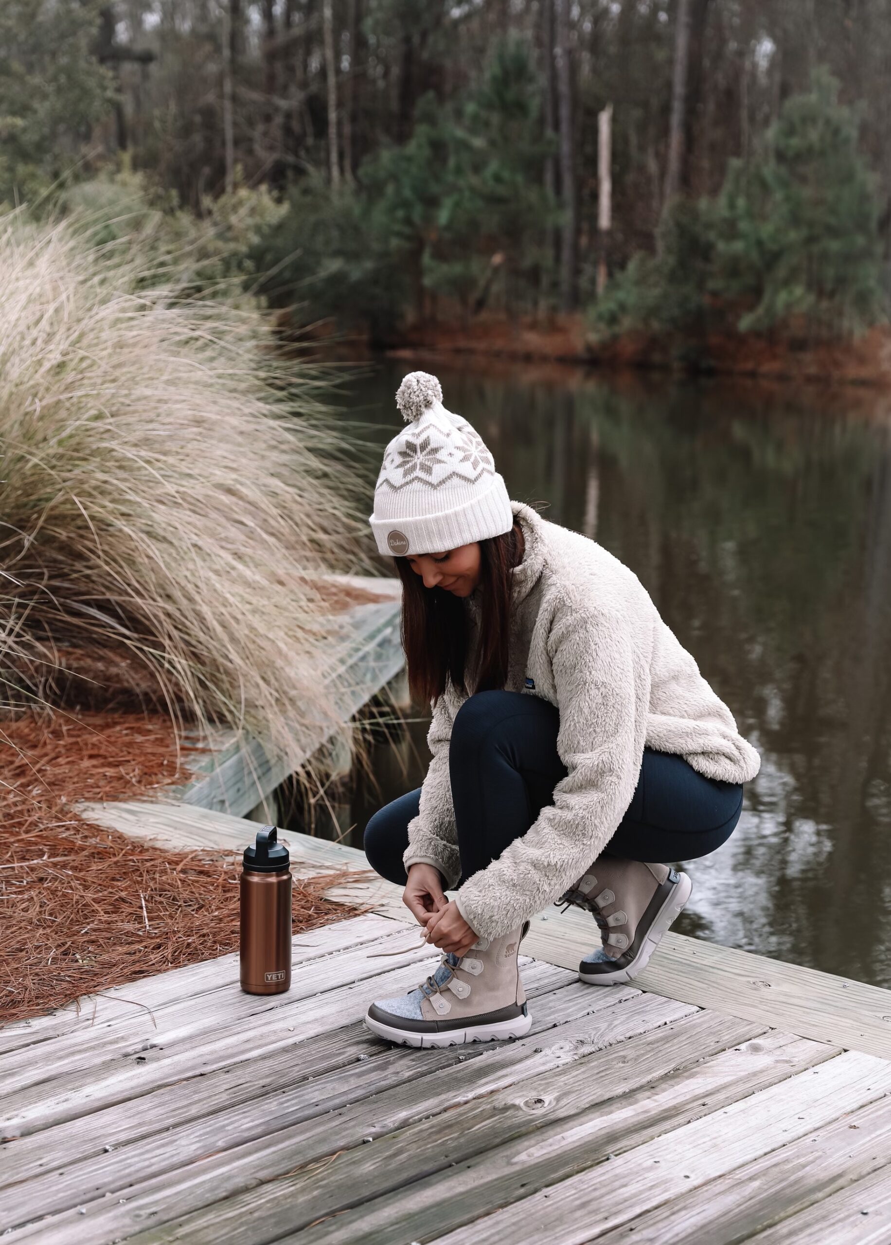 sorel boots, patagonia fleece, winter outfit