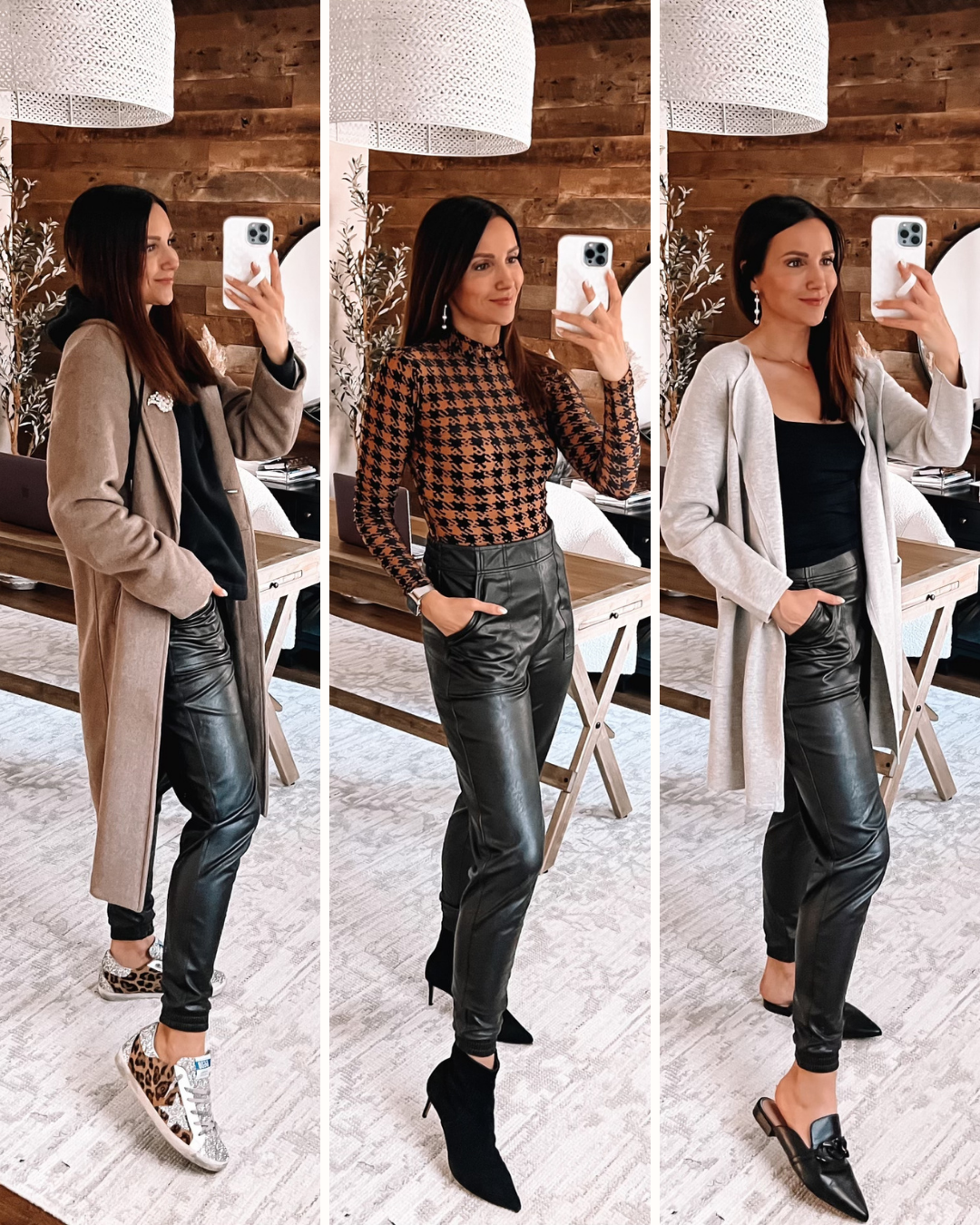 three outfits with faux leather joggers