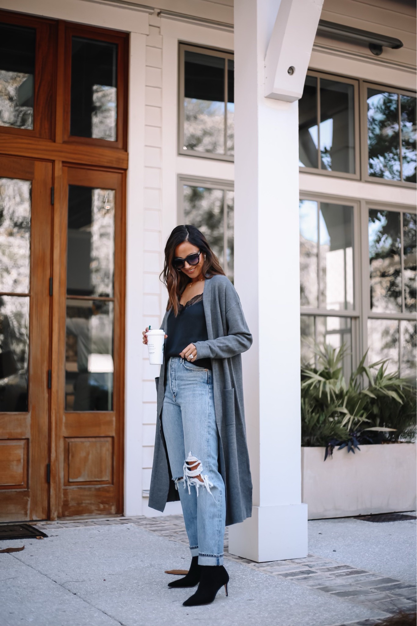 evereve outfit, evereve duster cardigan, evereve agolde jeans on sale