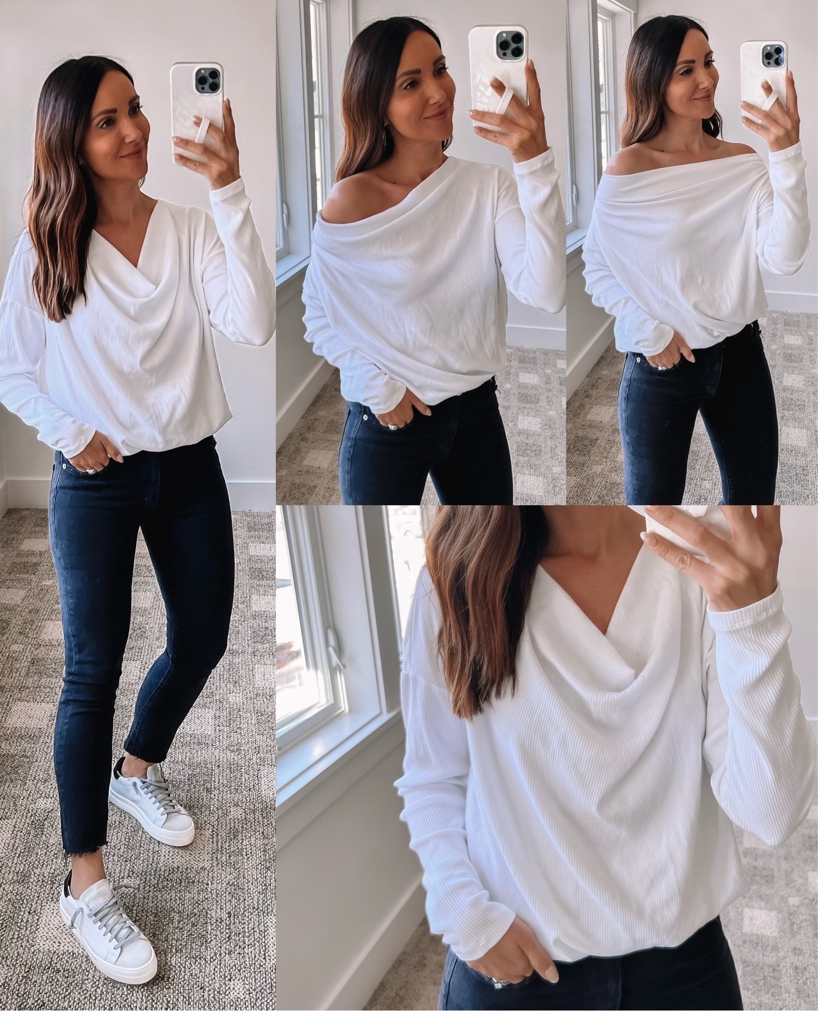 casual outfit, white drape shirt, agolde denim jeans