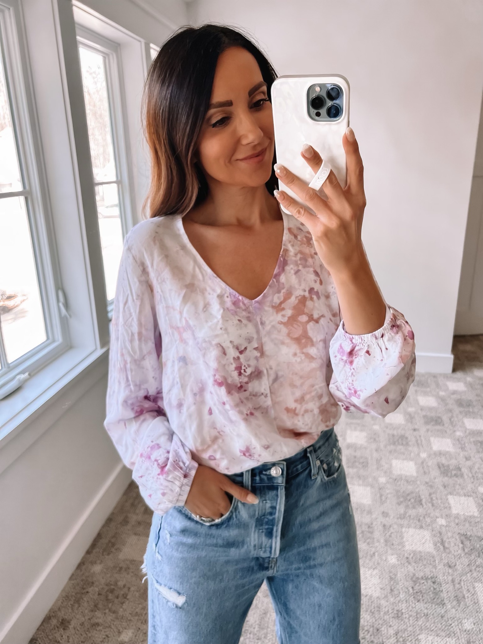 splatter print top, agolde jeans