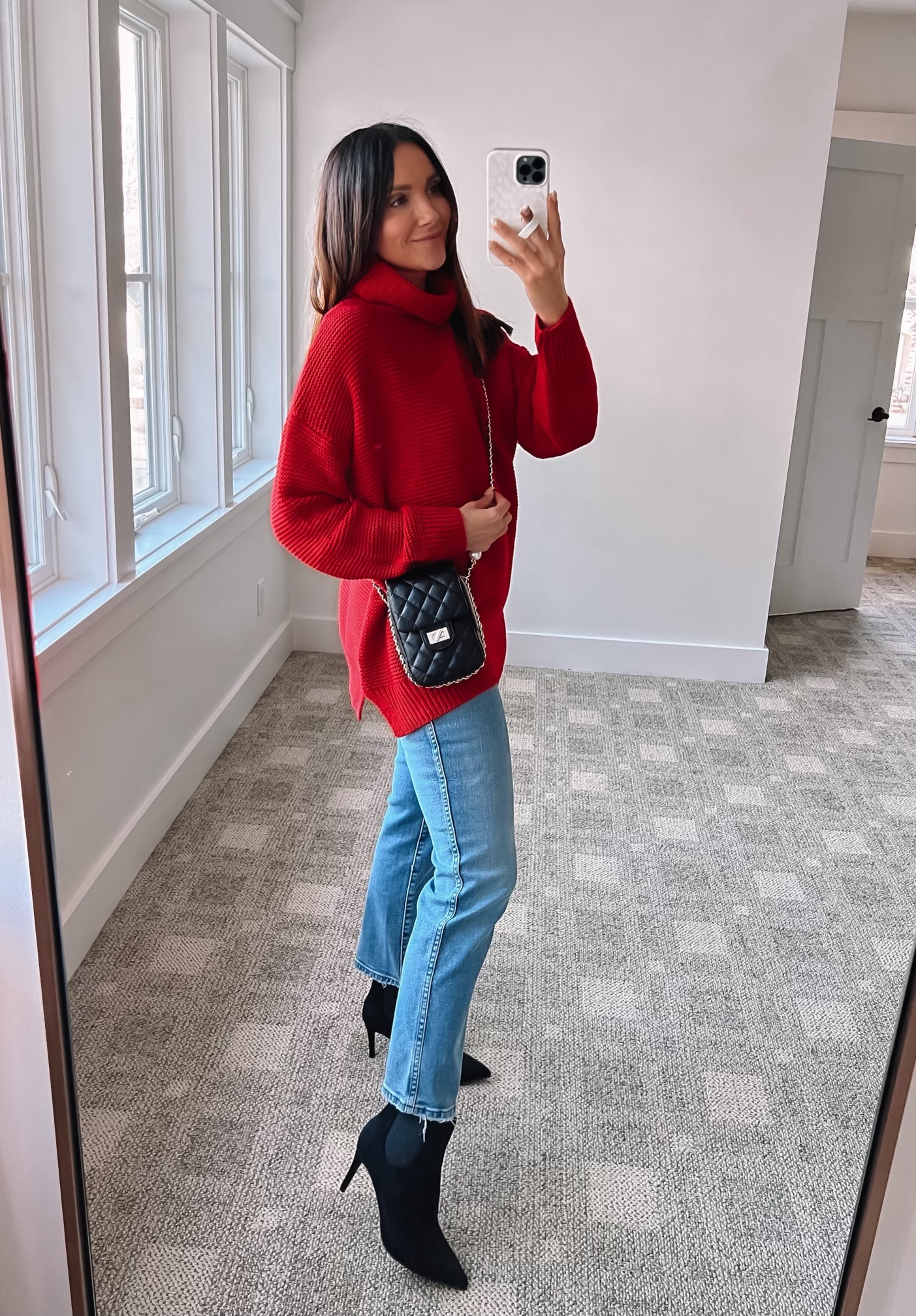 amazon red sweater, amazon booties, amazon bag