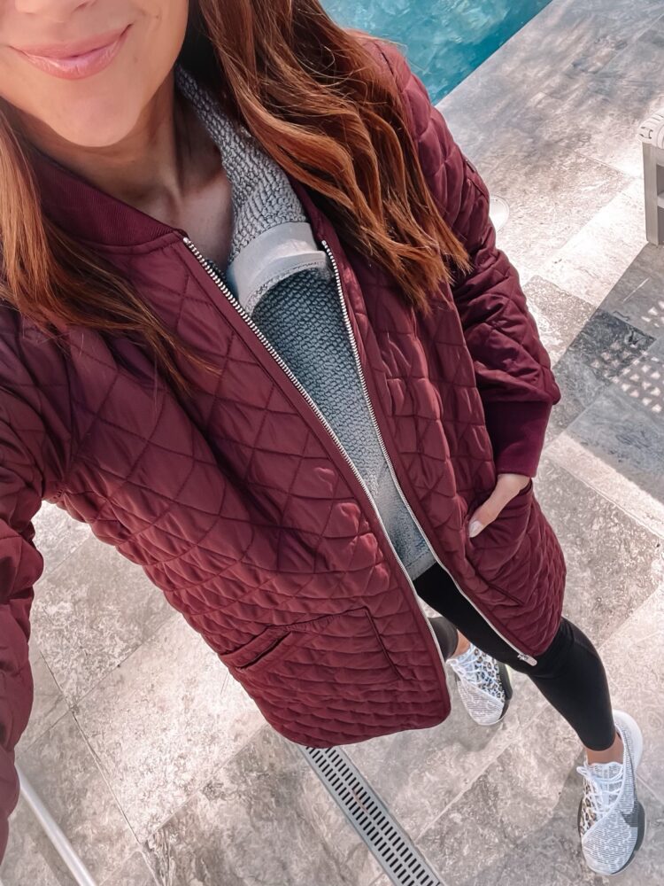 zella jacket with leggings, athleisure style