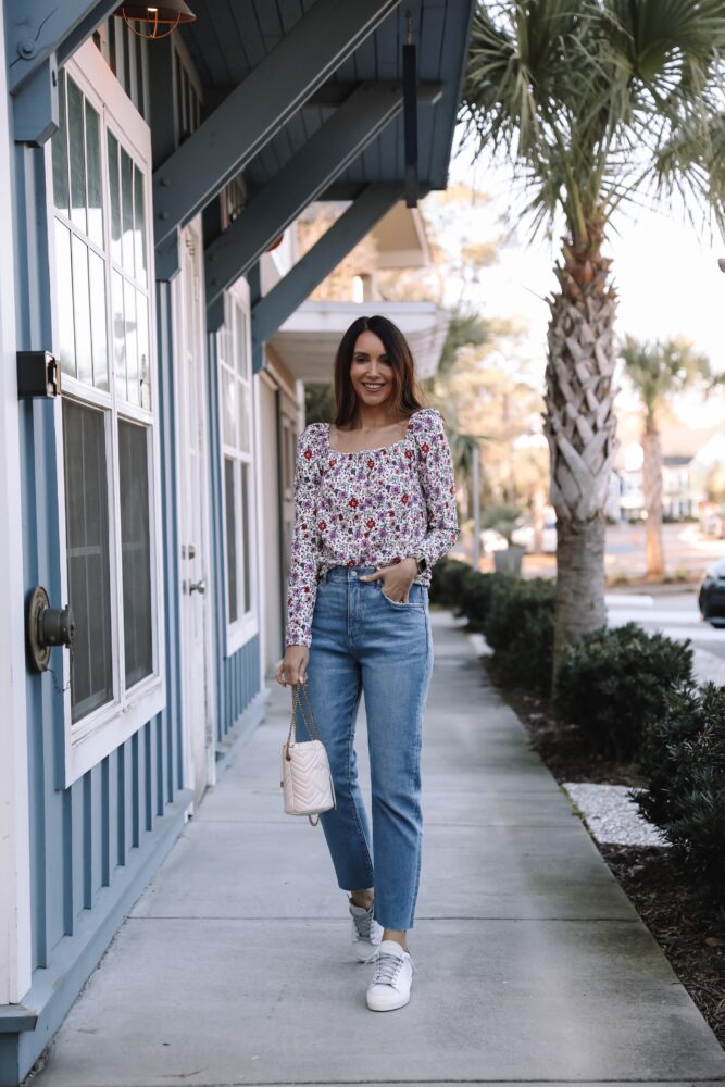 loft floral blouse and jeans