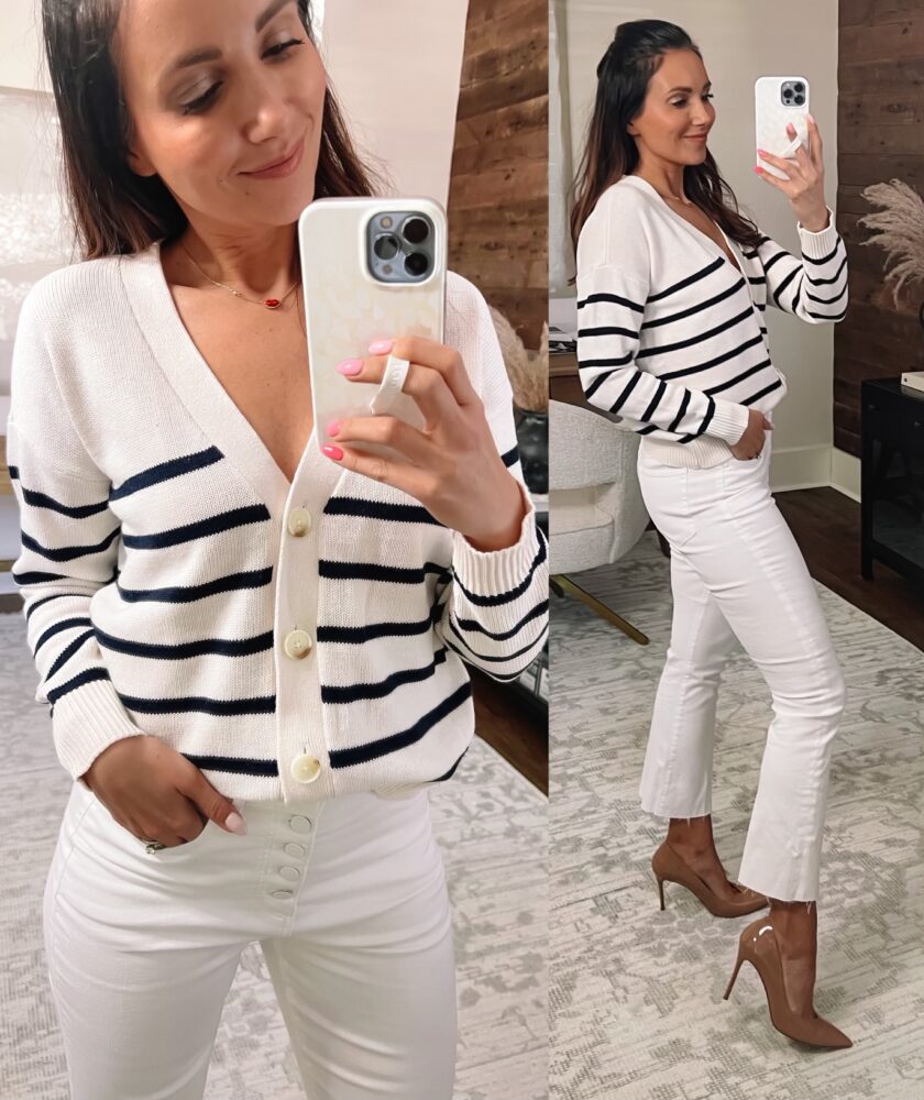 loft stripe cardigan and white jeans