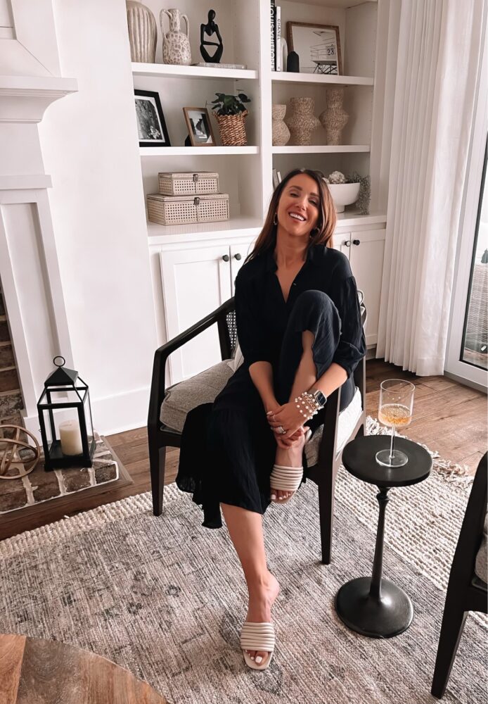 spring black dress and sandals