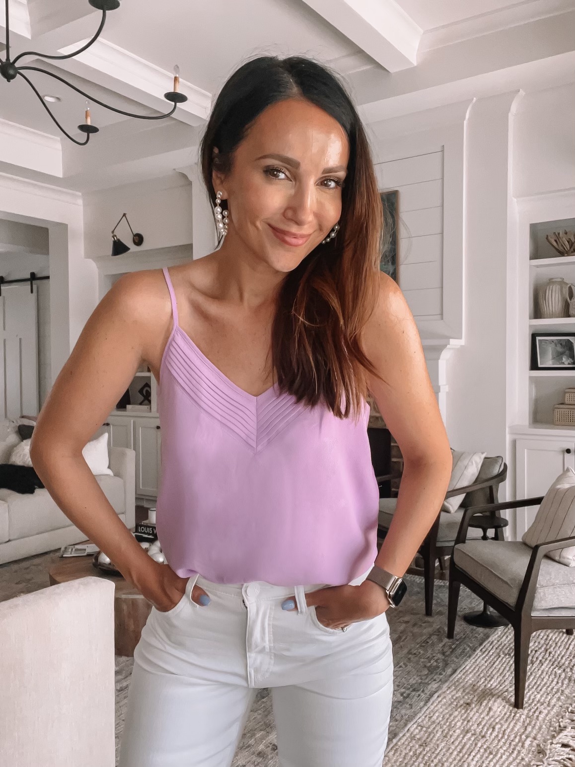 lavender cami with white jeans