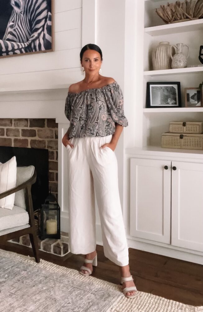 spring outfit - floral off the shoulder top with wide leg white pants