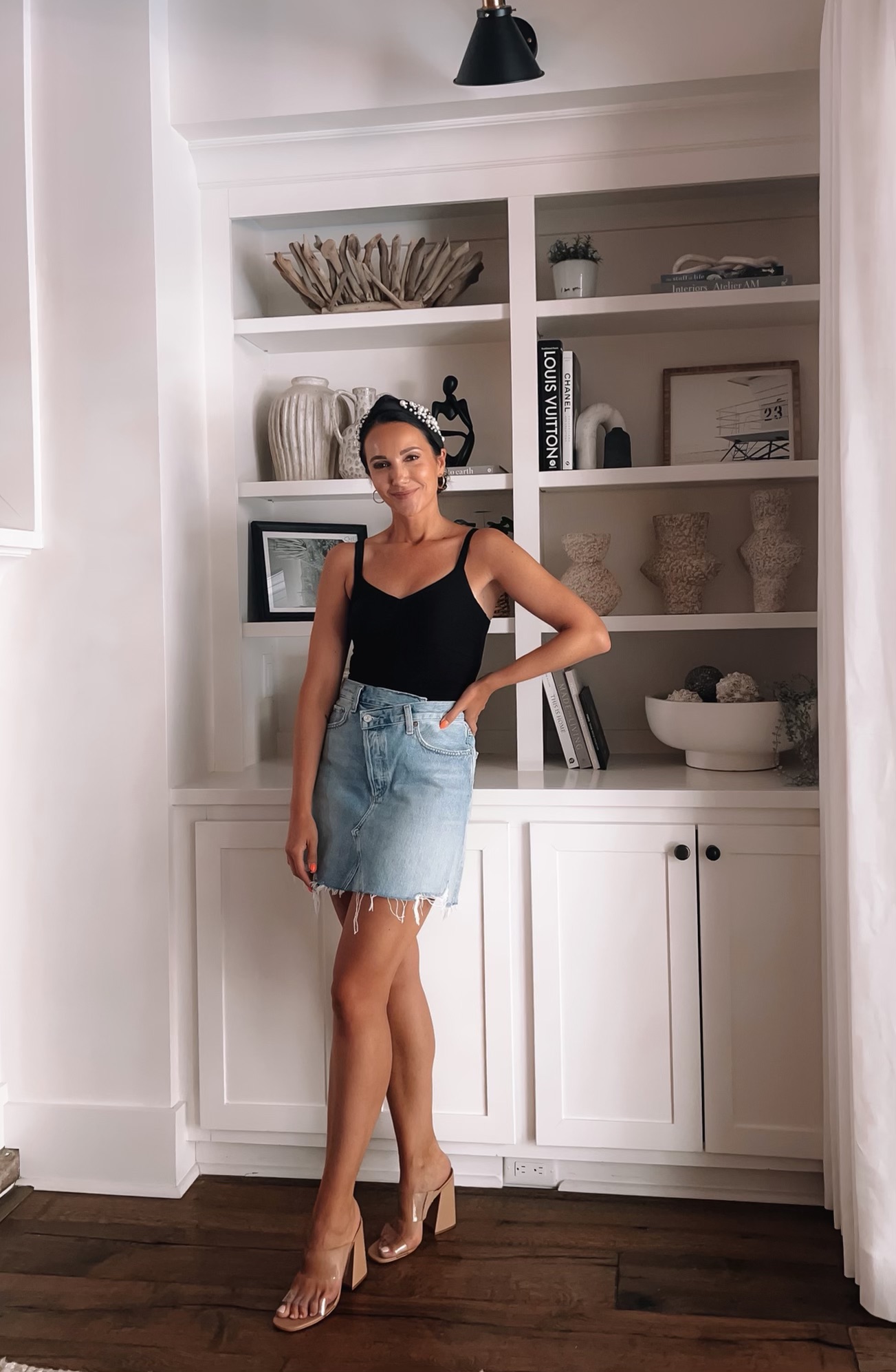 agolde denim skirt with bodysuit, date night outfit idea