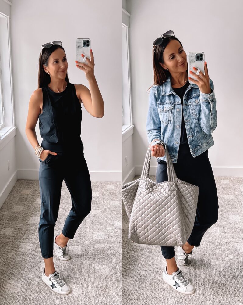 athleisure outfit, zella jumpsuit, travel outfit