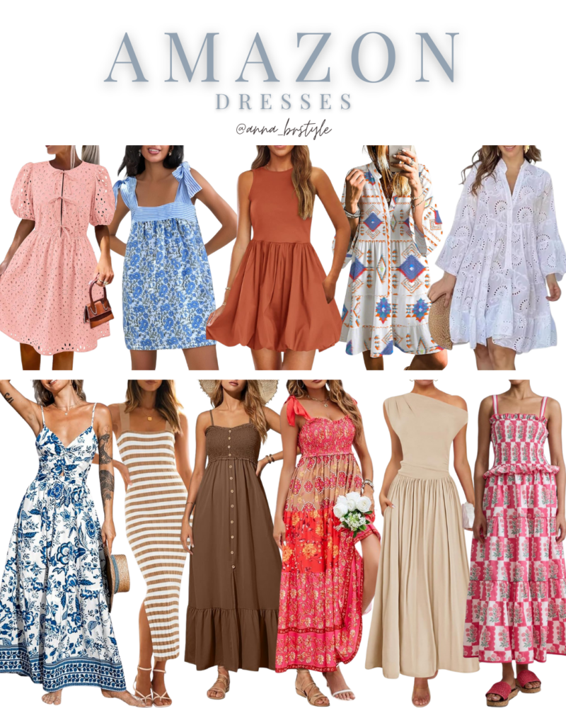 Collage of stylish Amazon dresses featuring summer mini and maxi styles including puff sleeve, tiered, boho, floral, eyelet, and smocked designs perfect for casual and vacation wear.
