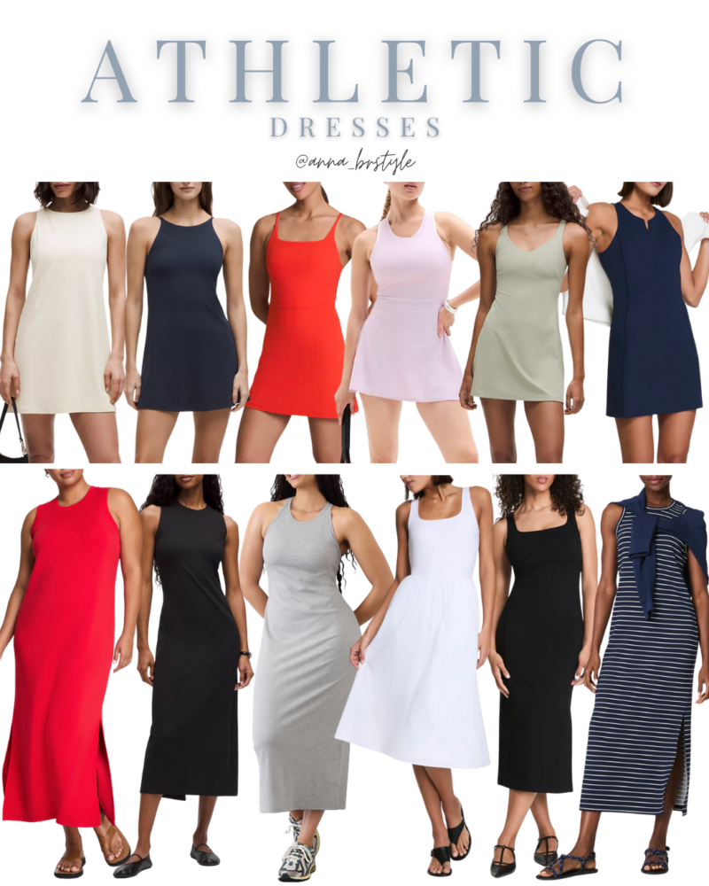 Variety of women’s athletic dresses including sporty mini and midi styles with racerback, tank, and tennis dress silhouettes in vibrant and neutral tones.