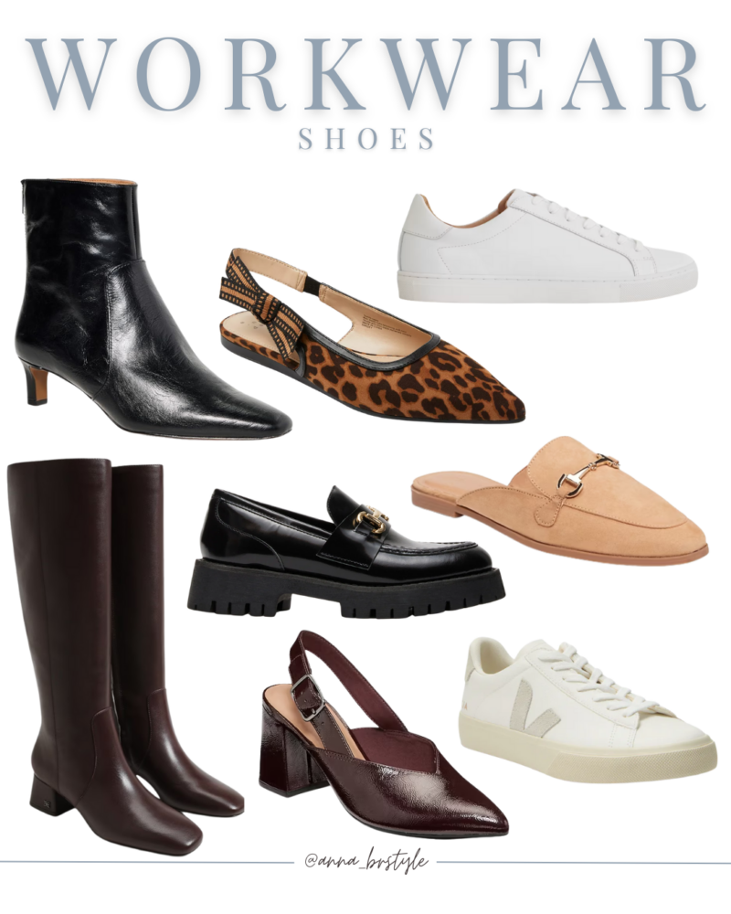 Women’s workwear shoes including ankle boots, loafers, flats, block heels, sneakers, and mules, versatile footwear for office to weekend outfits