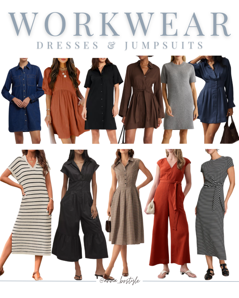 Stylish women’s workwear dresses and jumpsuits in fall colors, including shirt dresses, midi dresses, and belted jumpsuits, perfect for office outfits